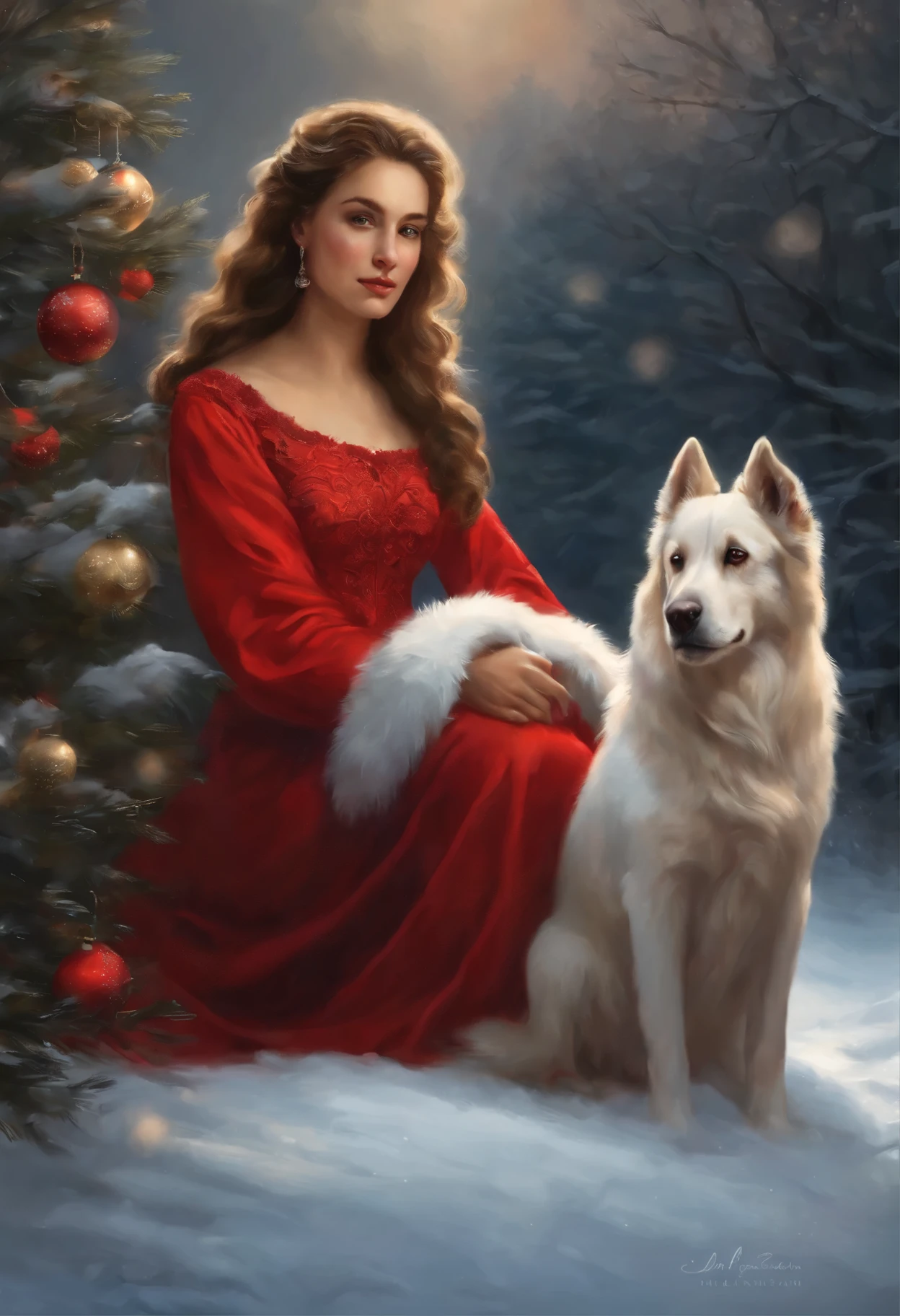 INPAINTING a woman in a red dress sitting next to a dog, christmas night, kramskoi 4 k, traditional art, by Igor Grabar, Vladimir Novak, holiday season, Yaroslava Korol, by Alexander Kucharsky, Ruth Sanderson, INPAINTING, by Maksimilijan Vanka, giving gifts to people, rob rey