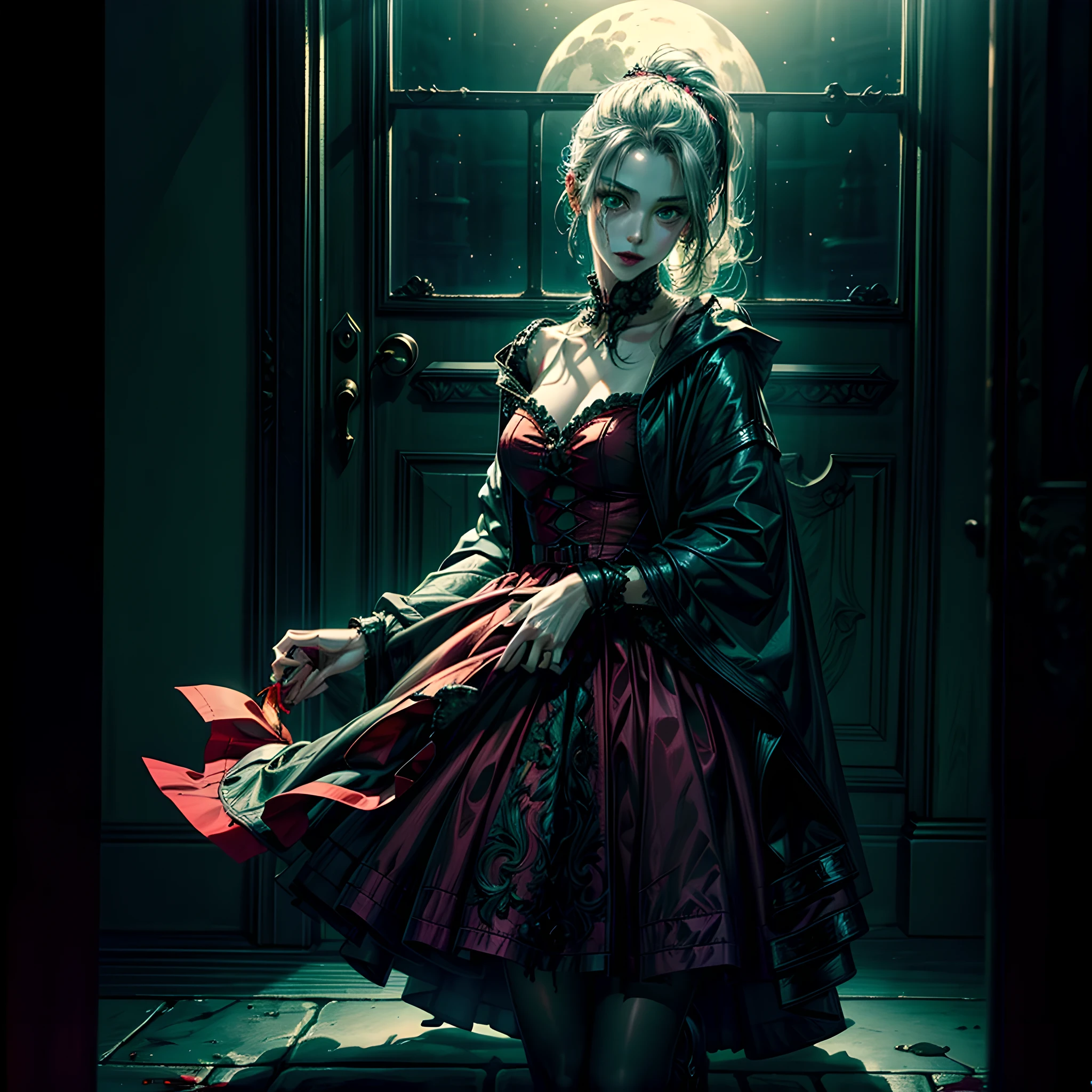 a picture of vampire standing in the front of her home holding a (blood: 1.3) dripping (gift box: 1.5), an exquisite beautiful female vampire in her front door of her home, full body (ultra detailed, Masterpiece, best quality), ultra detailed face (ultra detailed, Masterpiece, best quality), grey skin: 1.3 , blond hair, hair in a ponytail, long hair, blue eyes, cold eyes, glowing eyes, intense eyes, smile with [drops of blood on face] (ultra detailed, Masterpiece, best quality), dark red lips, [vampire fangs], wearing red dress (ultra detailed, Masterpiece, best quality), (green: 1.4) dark green cloak, (green: 1.3) green high heeled boots in front of her home, holding a  large (white gift box: 1.4)  dripping red blood  (ultra detailed, Masterpiece, best quality, high details, best quality, 16k, [ultra detailed], masterpiece, best quality, (ultra detailed), full body, ultra wide shot, photorealism, luis royo style, dark fantasy art, moon light coming through the window, moon rays, gothic art, sense of dread, sense of seduction, bloodmagic