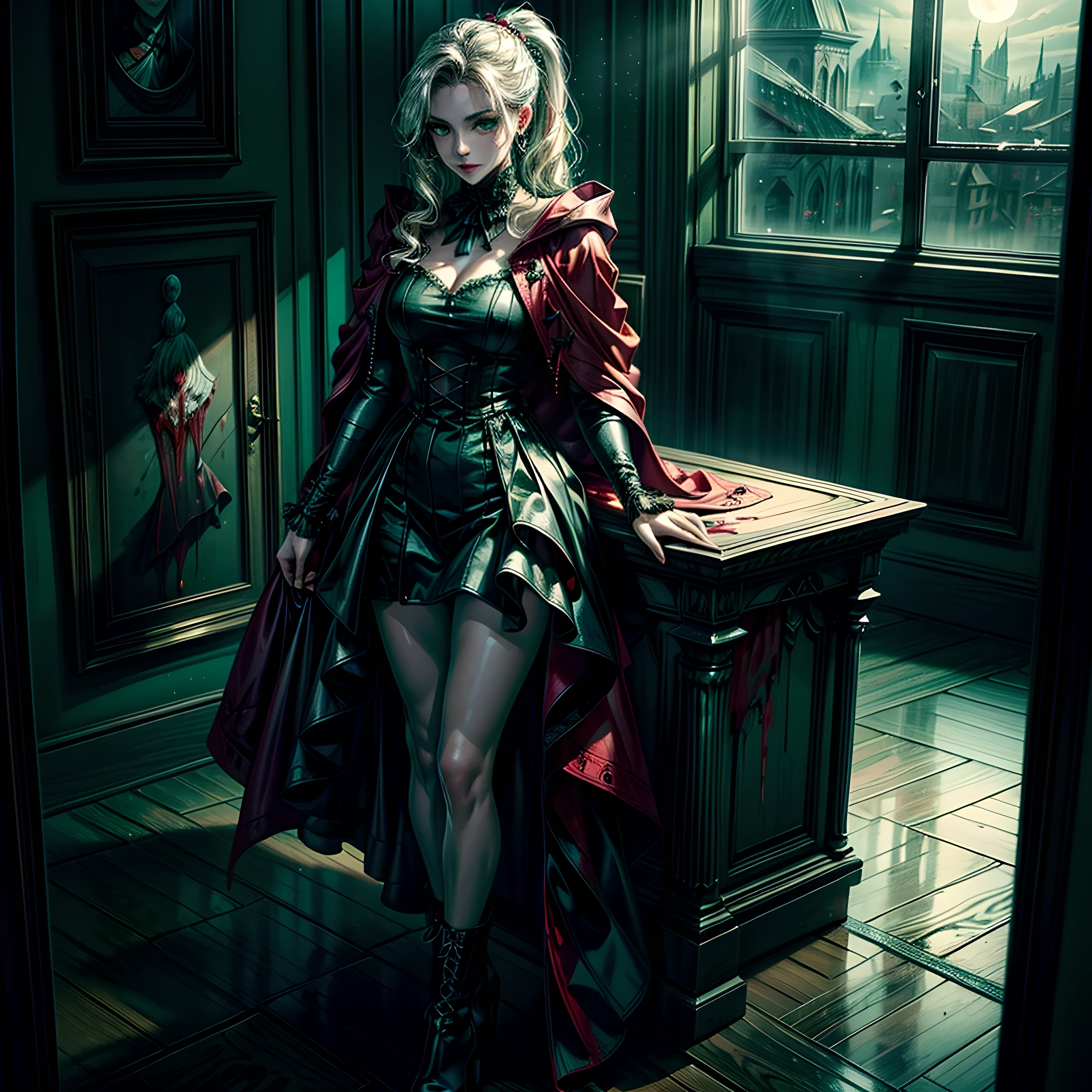 a picture of vampire standing in the front of her home holding a (blood: 1.3) dripping (gift box: 1.5), an exquisite beautiful female vampire in her front door of her home, full body (ultra detailed, Masterpiece, best quality), ultra detailed face (ultra detailed, Masterpiece, best quality), grey skin: 1.3 , blond hair, hair in a ponytail, long hair, blue eyes, cold eyes, glowing eyes, intense eyes, smile with [drops of blood on face] (ultra detailed, Masterpiece, best quality), dark red lips, [vampire fangs], wearing red dress (ultra detailed, Masterpiece, best quality), (green: 1.4) dark green cloak, (green: 1.3) green high heeled boots in front of her home, holding a  large (white gift box: 1.4)  dripping red blood  (ultra detailed, Masterpiece, best quality, high details, best quality, 16k, [ultra detailed], masterpiece, best quality, (ultra detailed), full body, ultra wide shot, photorealism, luis royo style, dark fantasy art, moon light coming through the window, moon rays, gothic art, sense of dread, sense of seduction, bloodmagic