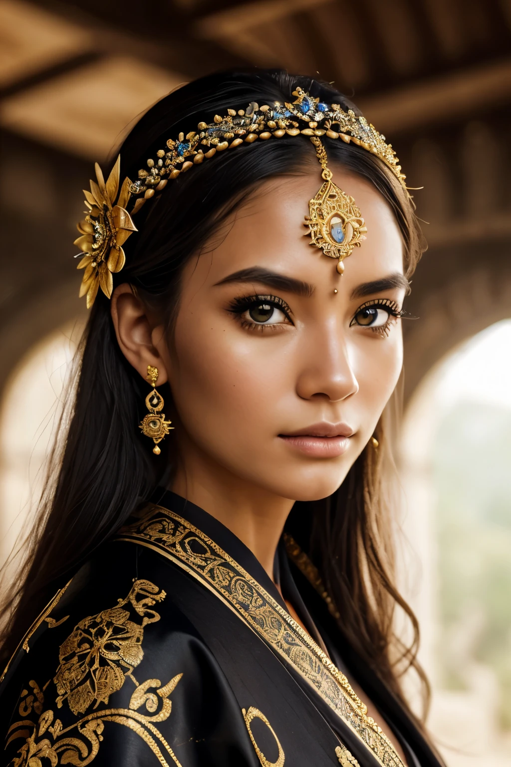 "close-up portrait of a girl wearing a haute couture crystal tunic upto her neck" by Steve McCurry, golden and black face tattoos around her eyes, ((kimono)), (((volumetic light))), ((rays of light)), 35mm, F/2.8, insanely detailed and intricate, character, hypermaximalist, elegant, ornate, beautiful, exotic, revealing, appealing, attractive, amative, hyper-realistic, super detailed, popular on Flickr, detailed and complex background, ruins, castle ruins, ponst and ivys, hyperdetailed, choker necklace