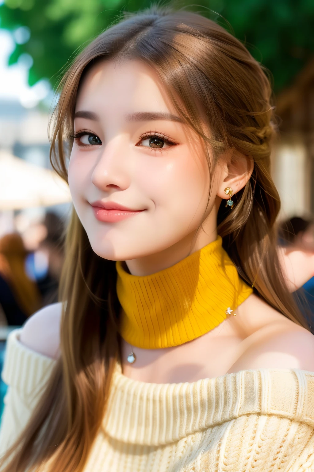 BrookeMonk, piercing eyes, looking straight, very happy,long hair, wearing an off-shoulder sweater, choker, closeup portrait, in a outdoor cafe in 2015, afternoon light,