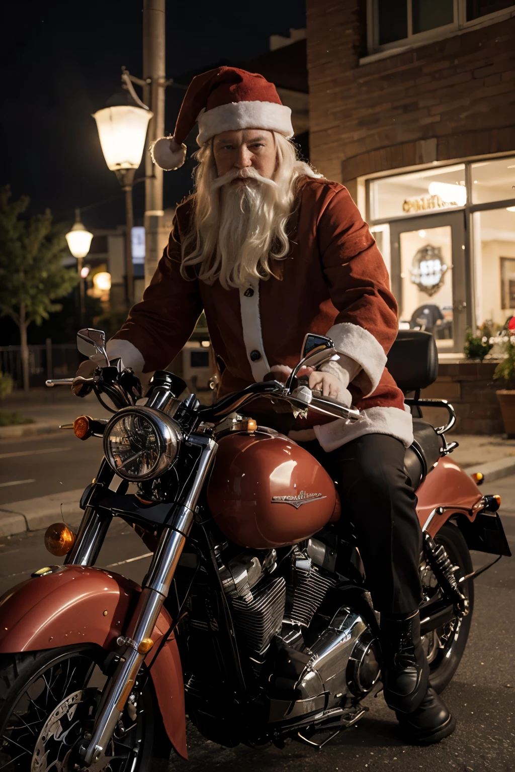 santa claus, ridding with Harley-Davidson motorcycle, with the angel, background is midnight, with the aurora, give the picture is realistic, HD, 4k, Highly detail, and colorful