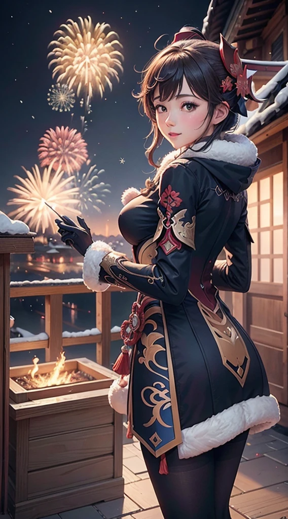 portrait,landscape,painting,illustration,ganyu \(genshin impact\),Winter snowflakes fluttering,festive atmosphere,(grand fireworks display in the night sky),sparkling fireworks,mesmerizing colors,romantic ambiance,amazing architectural design,twinkling stars,celebration of the new year,overwhelming sense of excitement,magical moment,inspiring and artistic composition. best quality,4k,8k,highres,masterpiece:1.2,ultra-detailed,realistic:1.37,