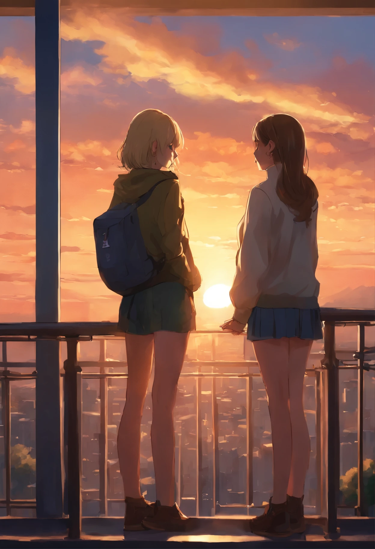 anime couple two girls friends brunette and blonde, standing on a ledge and watching the sunset, clouds and rainbow below, guweiz and makoto sinkai, in style of makoto sinkai, makoto sinkai cyril rolando, sakimichan and makoto sinkai, ross tran and makoto sinkai, ( ( makoto sinkai ) ), style of makoto sinkai