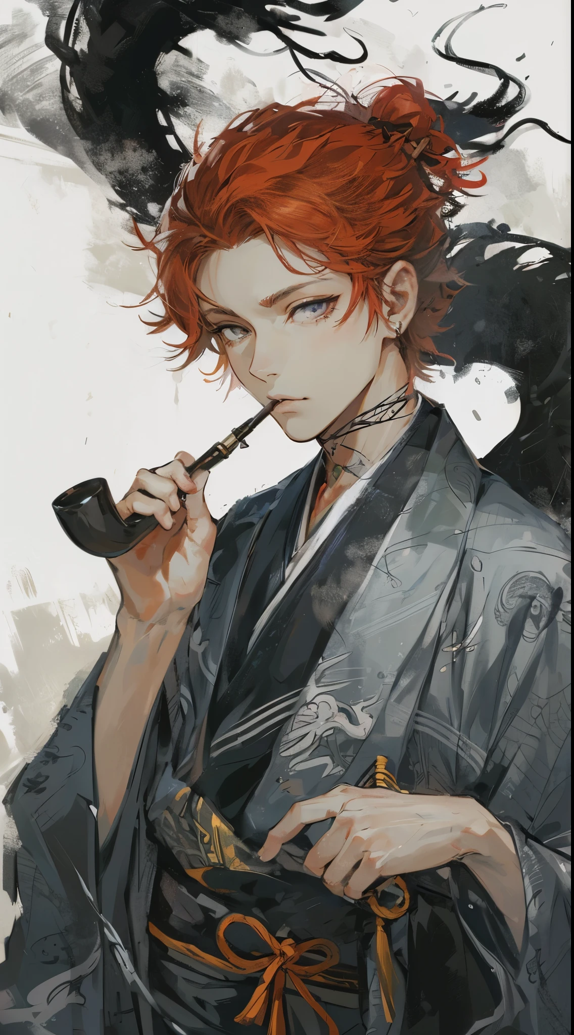 manly, handsome, (((Japanese anime))),high quality, amount of drawing, pixiv illustration, Beautiful young man, red medium hair, gray slit eyes, tied up hair, masculine gray kimono, smoking a smoking pipe, white background with black dragon shadow