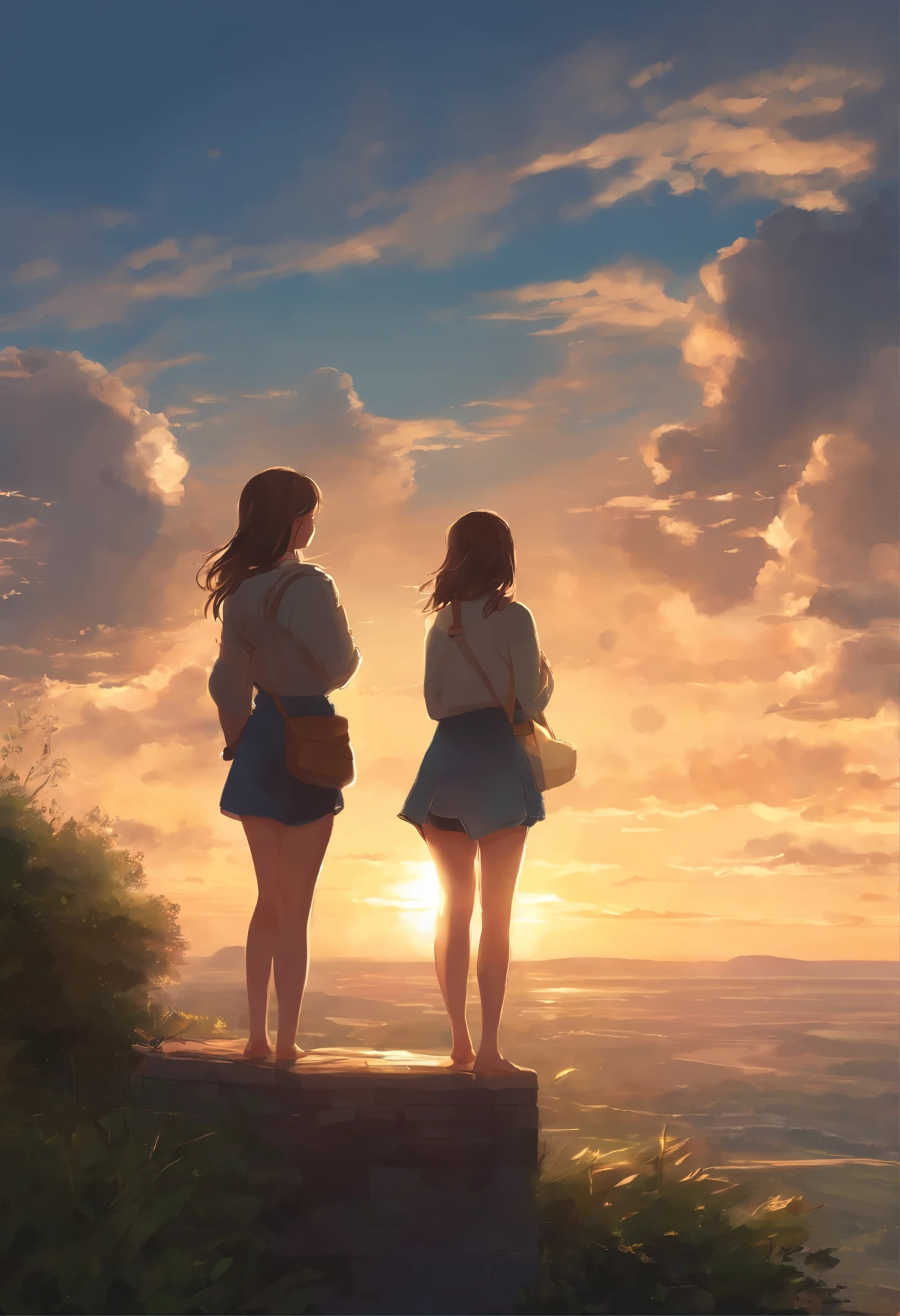 anime couple two girls friends brunette and blonde, standing on a ledge and watching the sunset, clouds and rainbow below, guweiz and makoto sinkai, in style of makoto sinkai, makoto sinkai cyril rolando, sakimichan and makoto sinkai, ross tran and makoto sinkai, ( ( makoto sinkai ) ), style of makoto sinkai