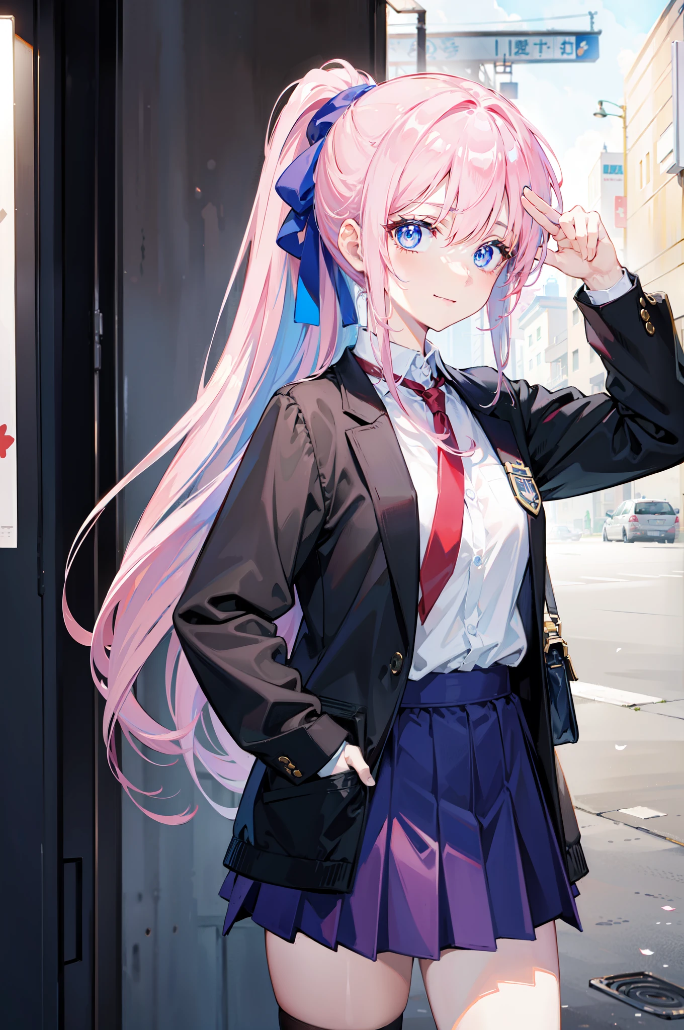 (((masterpiece))), 4k res, highly detailed, (((extremely detailed eyes))), hands on pockets, detailed background, crystal clear eyes, high quality, 1girl, solo, anime girl, best quality, highres, ultra-detailed, beautiful, 8k, sunray, ponytail, pink hair, blue vibrant eyes, black school uniform, blue skirt, stockings, Miyako Shikimori, close up view, smile
