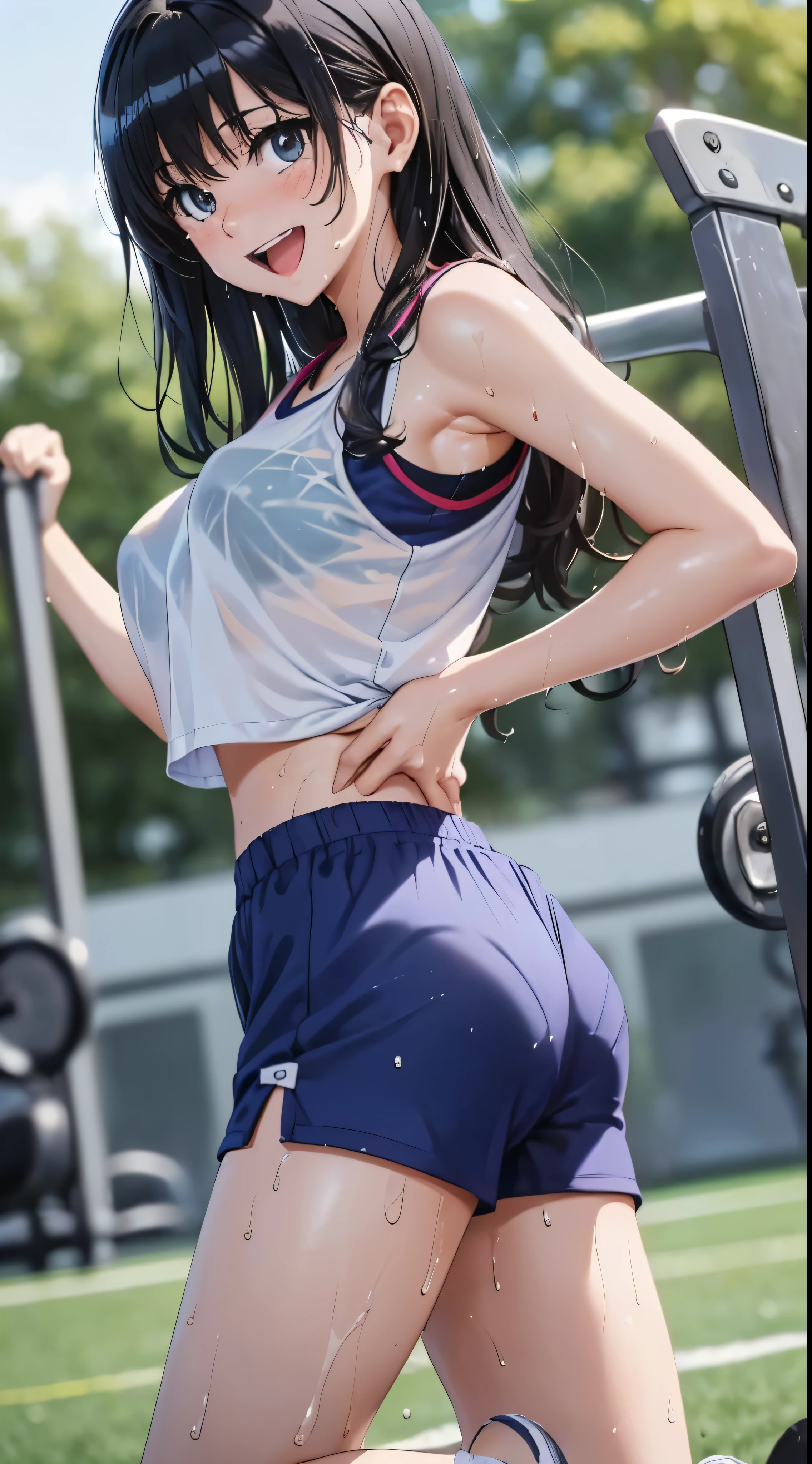 1womanl,Black hair, beautiful breasts,(((Sexy white and blue shiny gym clothes and short cheeks、Smile with open mouth)),(((Satin Narico))),((( portlate))),Crowds,Shiny white gym uniform and blue shorts,Wet with sweat,((athletic field)),see -through,outside of house、Look back and look back