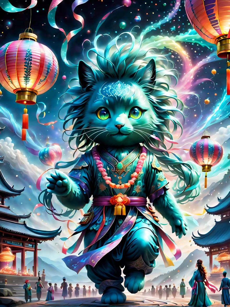 ((Best quality at best, 8K, A high resolution, tmasterpiece:1.2), ultra - detailed, (actual, realistically:1.37), vivd colour, magical ambiance, Whimsical,((Vector illustration style)), Beautiful town celebrates New Year's Day New Year's countdown,new year 2024,Colorful lanterns and decorations,children playing and dancing,Huge countdown clock with gorgeous patternireworks in the night sky,Performer juggling ribbons,Colorful lanterns and decorations,Performer juggling colorful ribbons,Gorgeous temple,Incense,offering offerings,People make wishes and pray,Calm lake lit with candleeautiful reflection of fireworks and lanterns,a joyful atmosphere, hyper realisitc的, Psychedelic, Complicated details, Beautiful texture, Ethereal, like a dream, Soft glowing light, Charming Patterns, fantastical creature, Hidden surprises, dreamlike landscapes, hyper realisitc的 color palette, Mystic aura, hyper realisitc, Enchanting journey, psychedelic trip, vivid imagination, immersive experience, mysterious new year, otherworldly charm, glowing paths, Light up a magical New Year's Day, hyper realisitc的天空, Whimsical themed festivals, a magical encounter, Fascinating artwork, Elegantly silhouetted against a celestial backdrop of epic trance waves, The moonlight is ethereal and vibrant, fantasy broken glass shades, Draw multiple strong exposure effects, matte painting photo painting, Stunningly superior clarity and unparalleled clarity, Stunning details that look almost unrealistic, Stunning details that are extremely captivating, Stroking technique,exquisitedetails,Very unreal, Amazing brushstroke skills, exquisitedetails are unrealistic, Gel ink craft dark teal multicolor, Crazy beautiful light, Add eye-catching high-contrast scenes, Overall stunning and beautiful, The entire process was very accurate and detailed, (中世纪忍者风格的水粉tmasterpiece:1.1), Crazy glowing hair, (Mysterious sci-fi paint:1.1),