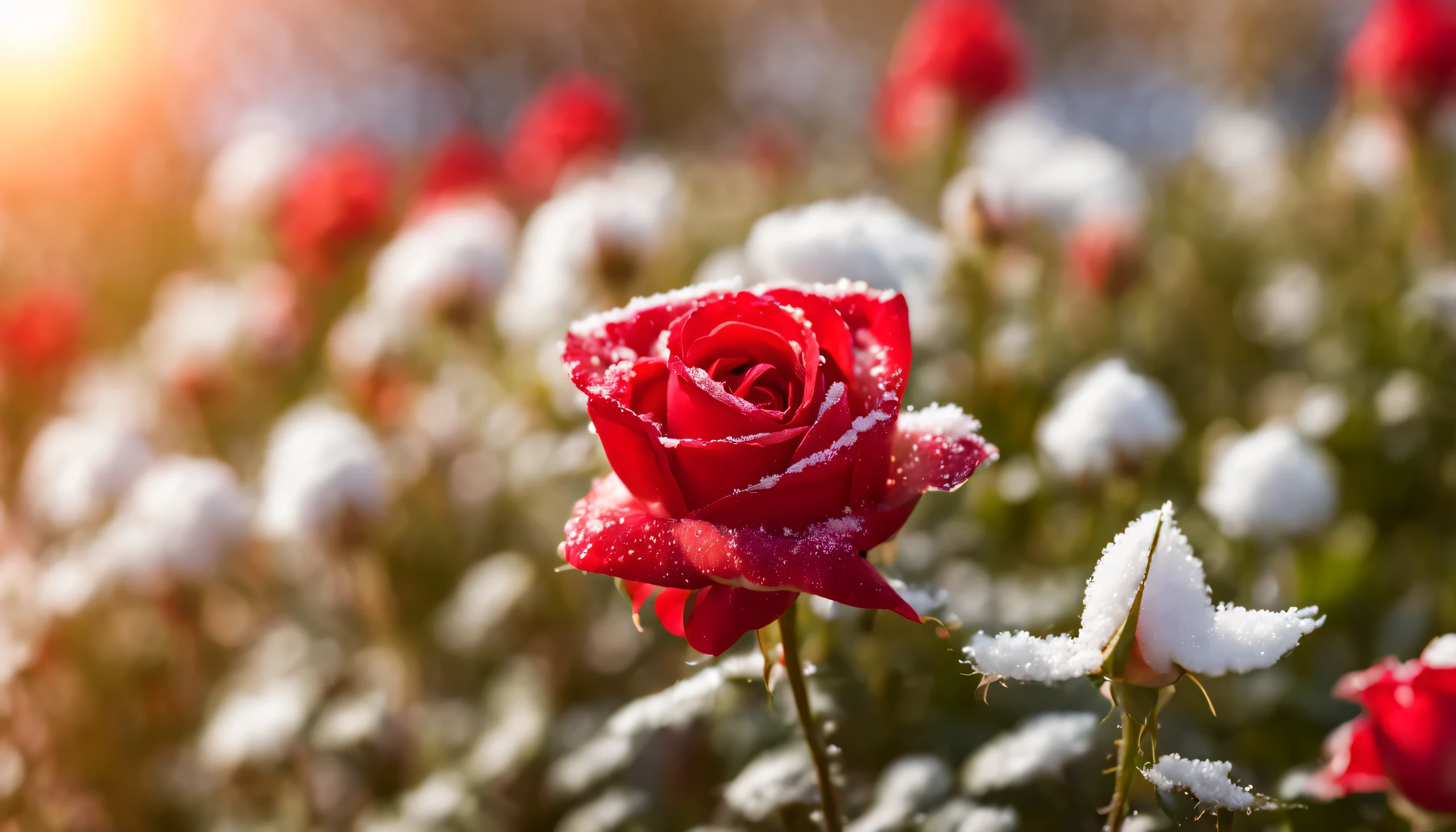 A red color rose flowers in the garden and sunlight with bokeh, snow drops on flower petalasterpiece, ultra quality, high resolution, 8k, intricate: 1.2), (masterpiece), (best quality:1)