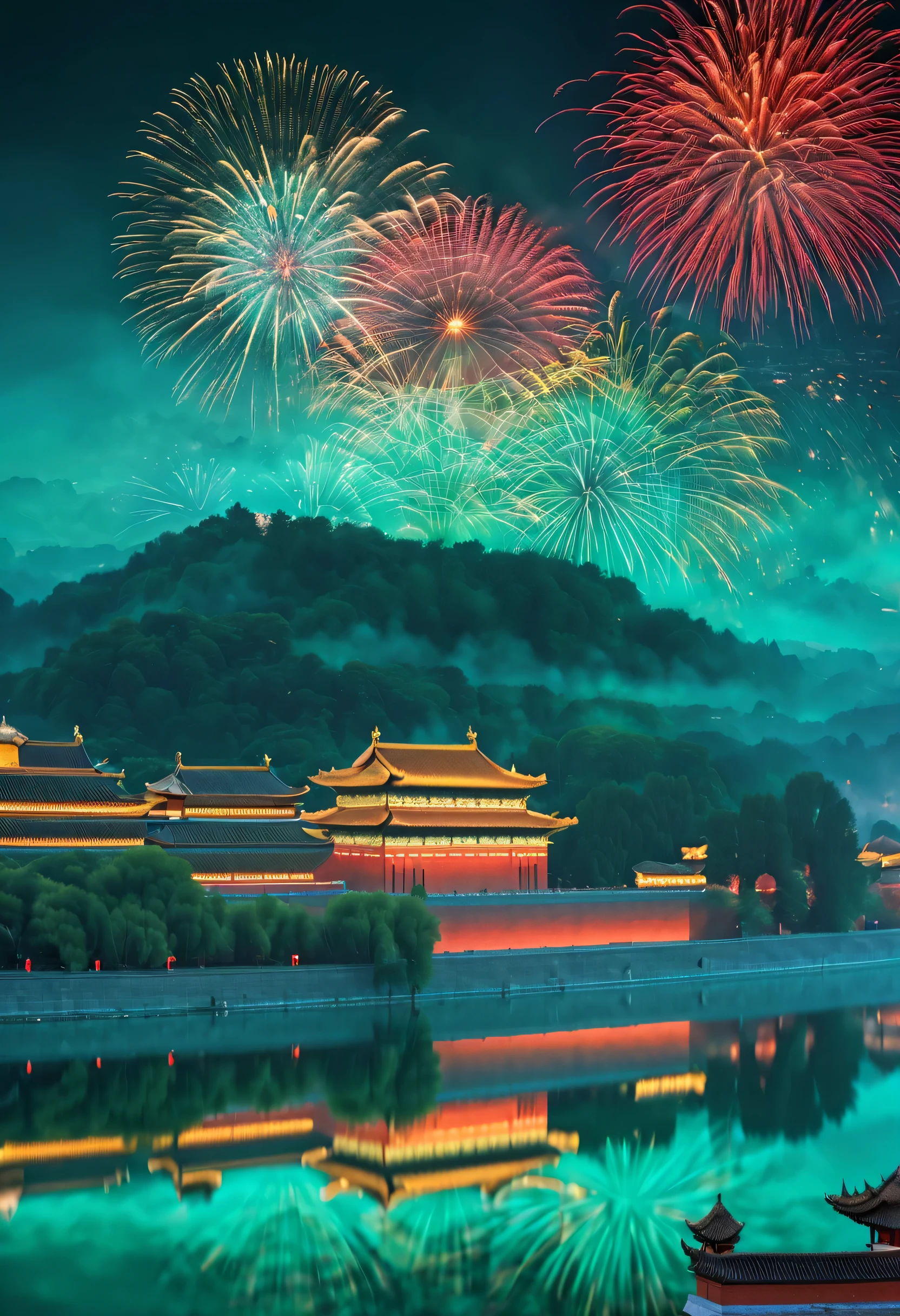 Gorgeous Forbidden City red and emerald green palace wall projection《Qingming upper river map》，Background with：Fireworks night