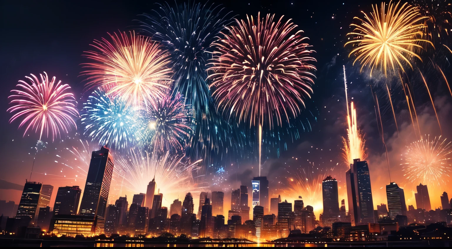 View from below, Fireworks over a cyberpunk city,(Bright and sparkling:1.1), Gorgeous explosions, (Spectacular and fascinating:1.2), Illuminate the darknesrilliant and vibrant colors), (Crackling and popping), (Charming and breathtaking:1.1) Light display, (Dazzling,Radiant hair) patterns, (Charming and magical), (Explosiveness and vitality), (Celebrate and rejoice).