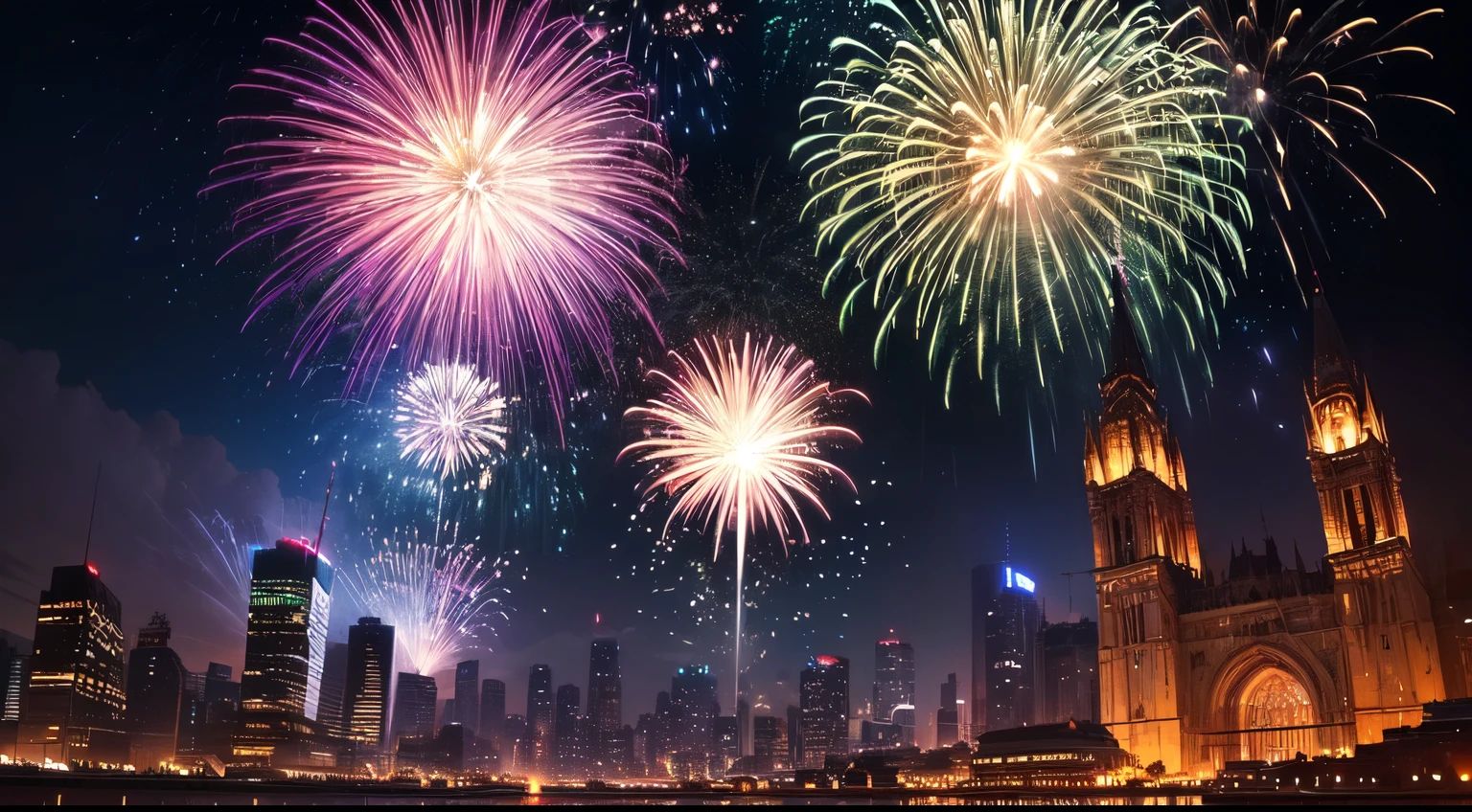 View from below, Fireworks over a cyberpunk city,(Bright and sparkling:1.1), Gorgeous explosions, (Spectacular and fascinating:1.2), Illuminate the darknesrilliant and vibrant colors), (Crackling and popping), (Charming and breathtaking:1.1) Light display, (Dazzling,Radiant hair) patterns, (Charming and magical), (Explosiveness and vitality), (Celebrate and rejoice).