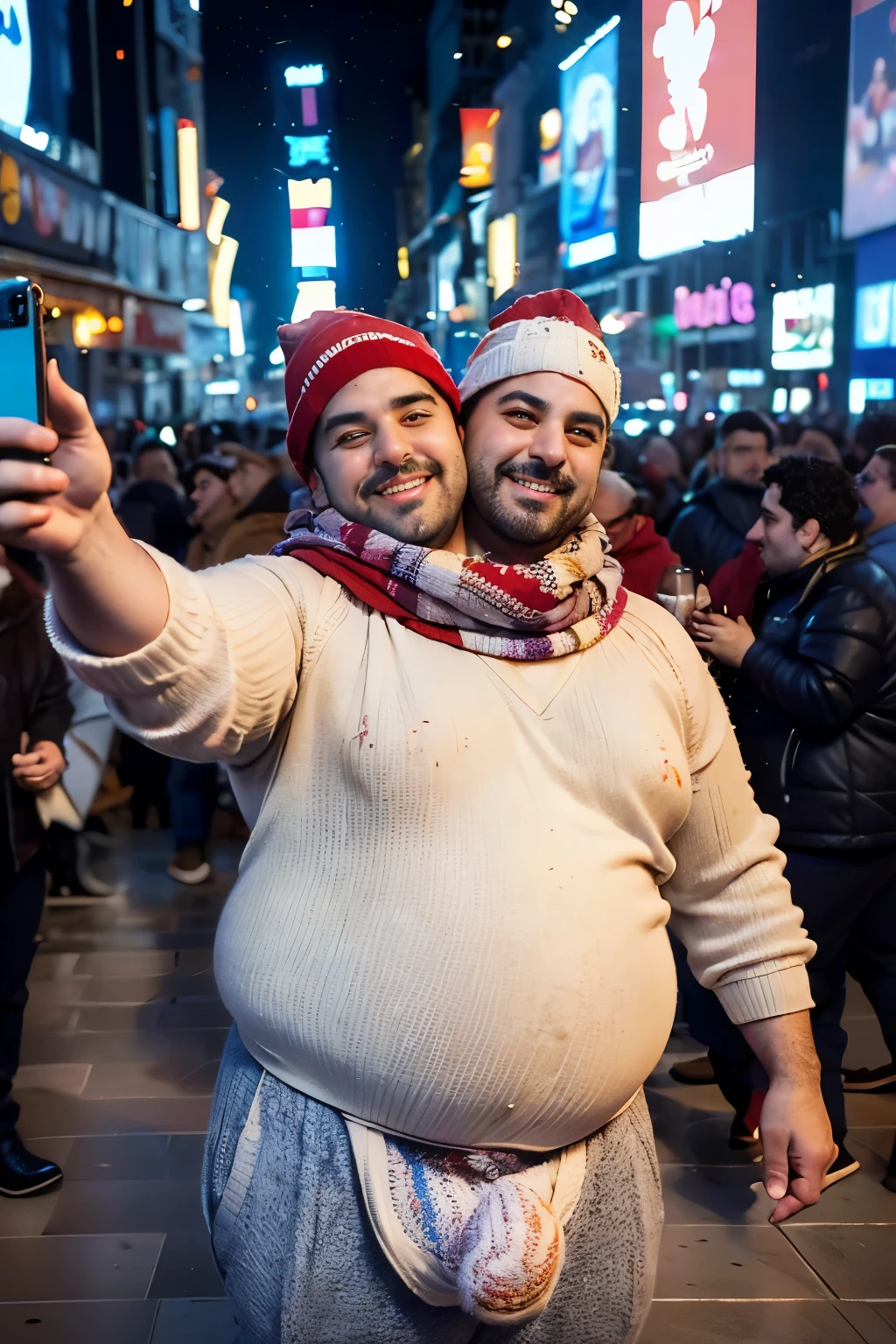 、22-year-old Italian chubby male,  ((stubble:1.3)),   ((body hair)),  (( taking a selfie in the middle of a very busy crowd of people celebrating new years eve at times Square in New York city) ),  holding a champagne glass in the air,, short  hair  、 ((curly brown hair)), ((baggy eyes, brows feet, chin dimple,)), elegant winter Wear, , Smile、 , two heads, ((2heads)),conjoined dicephalus, ((chubby, overweight, plump)),((wide shoulders) ),((wide torso)), hyperrealistic,masterpiece,8k,((((big bulge)))), snowy and windy, wearing an oversized colorful scarf, red knit cap, blue knit csp