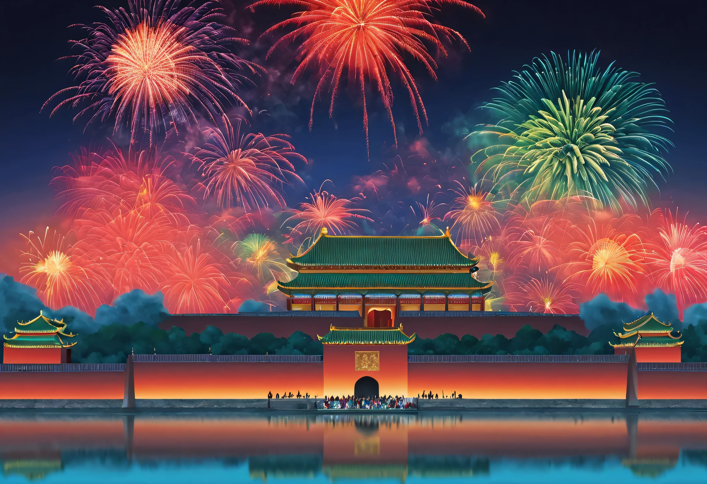 The gorgeous Forbidden City walls are being projected《Qingming upper river map》,Background with:Fireworks Fireworks Fireworks Night,red and turquoise green,partial reflection