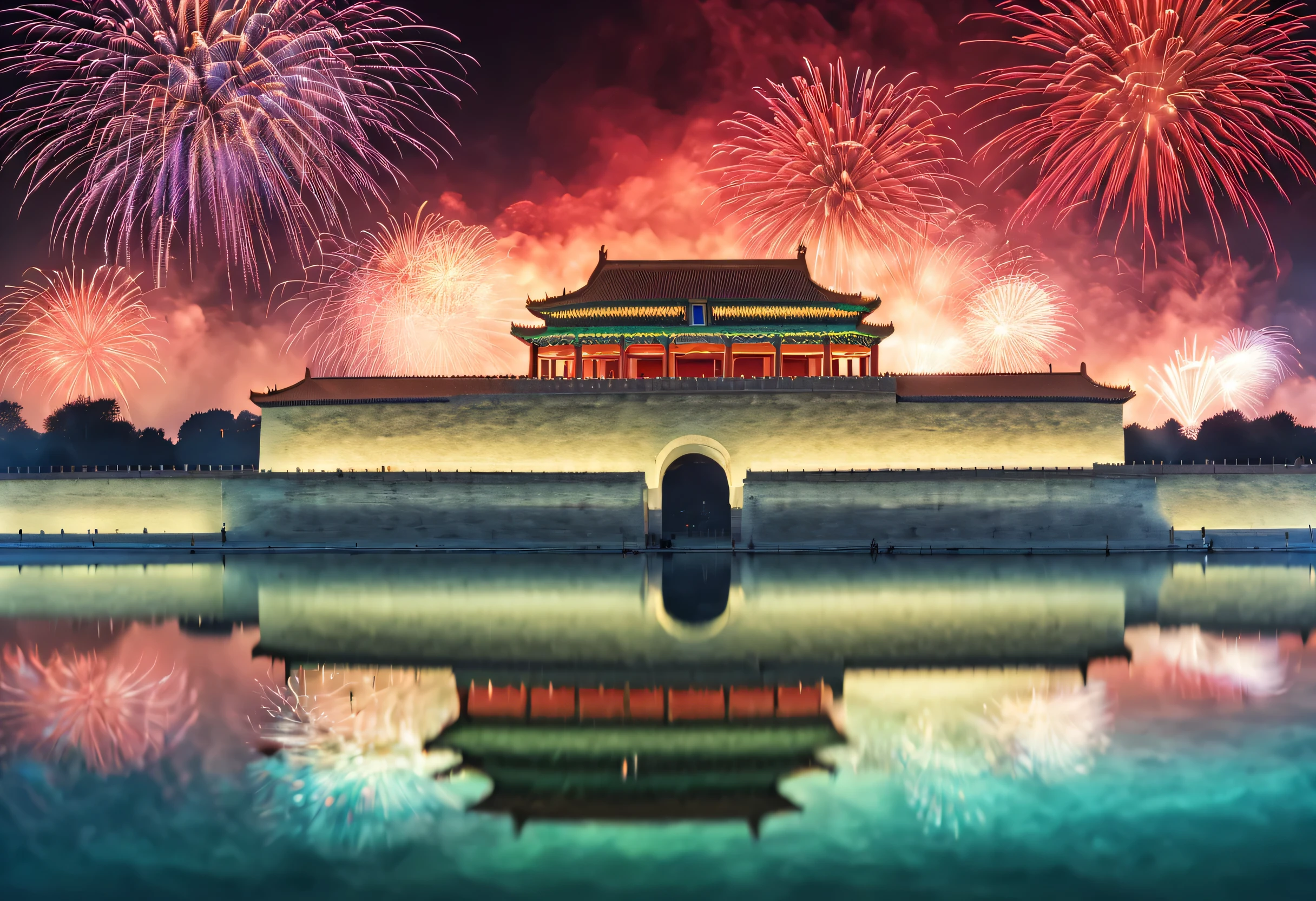 The gorgeous Forbidden City walls are being projected《Qingming upper river map》,Background with:Fireworks Fireworks Fireworks Night,red and turquoise green,partial reflection