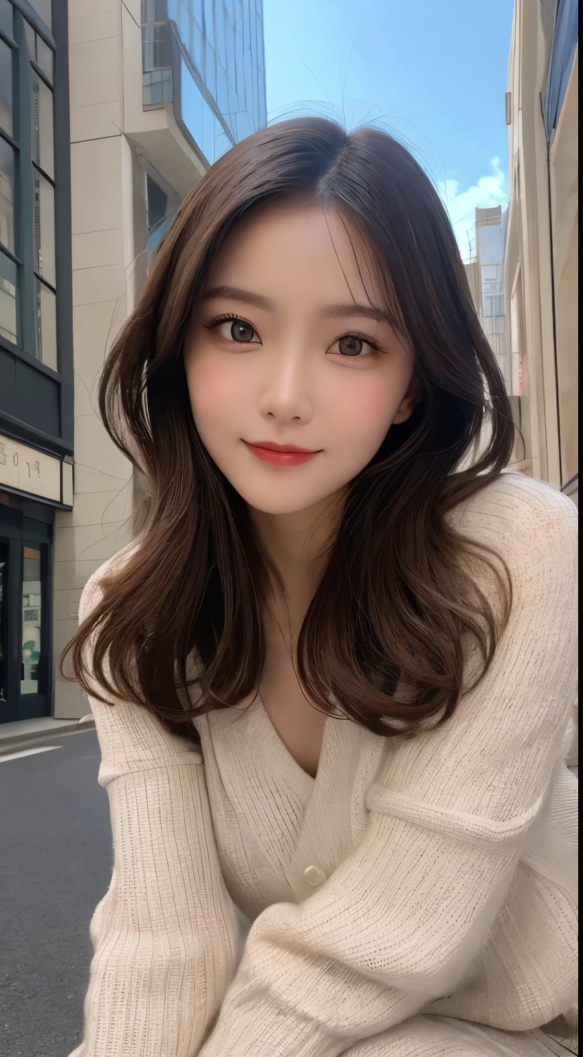 masutepiece, Best Quality, Illustration, Ultra-detailed, finely detail, hight resolution, 8K Wallpaper, Perfect dynamic composition, Beautiful detailed eyes, Winter dress,Medium Hair, Small breasts, Natural Color Lip,Smile,Big city、20 years girl、Midnight、beautifull detailed face、Perfect and beautiful face、slim face and style,Spread your arms wide,Big eyes,Take a photo from below the knees at a face angle