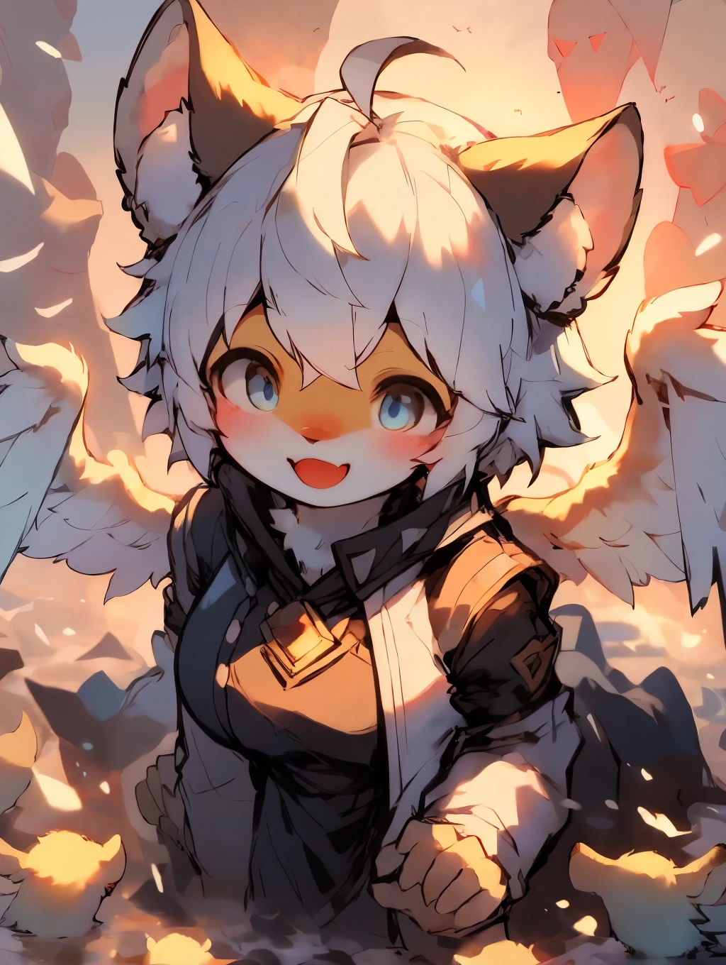 shota,white color hair ,male people,Q version,(Rabies in ), cute big breasts, The stands up, tmasterpiece, A high resolution,8K,detailedbackground,high high quality,(((独奏))),(the angel's wings,angelic halo,white clothearefoot:0.6),looking at viewert,angle of view,from the above,It's like a dream,magical,baiyun,(Warm light source:1.2),upper sky,on cloud,a happy expression