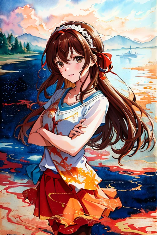(highres, best quality:1.2), radiance, soft contours, beautiful drawing, concept art, detailed background, bright colors, 1girl, (8k, best quality, masterpiece:1.2),(best quality:1.0), (ultra highres:1.0), watercolor, 1girl, suzumiya haruhi, solo, brown hair, short hair, brown eyes, hairband, medium hair, ribbon, space, shining stars, stylish outfit, (red blue brown orange color scheme), by agnes cecile, half body portrait, extremely luminous bright design, pastel colors, (ink:1.3), traditional media, watercolor \(medium), watercolor background, lineart,