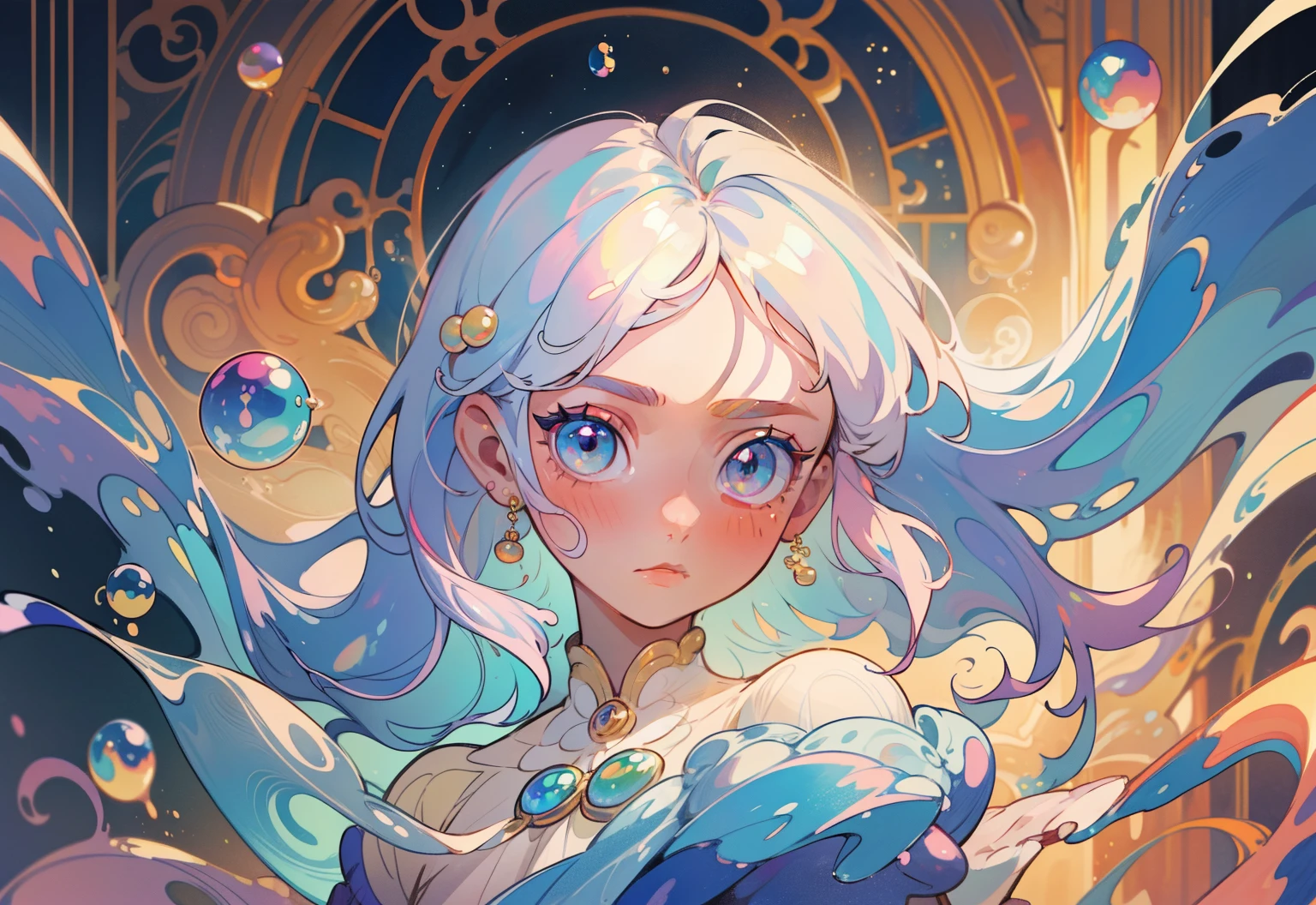 masterpiece, best quality, 8k resolution, sharp focus, intricate detail, beautiful girl, sparkling eyes, golden ratio face, otherworldly liquid, watercolor, pastel colors, bright colors, whimsical, colorful, sharp focus, high resolution, fine detail, liquid ballgown, ((round eyes)), iridescent bubbles