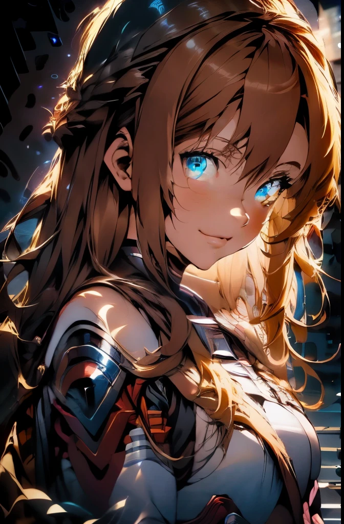 Realistic, (Masterpiece, Top Quality, Best Quality, Official Art, Beauty and Aesthetics: 1.2), Very Detailed, Fractal Art, Colorful, Most Detailed, Zentangle, (Abstract Background: 1.5) (1girl), God, Blonde Hair, Short Hair, (Glowing Blue Eyes), Abs, Mysterious, (Magic), Crystal, Arm Mecha, Light Mech