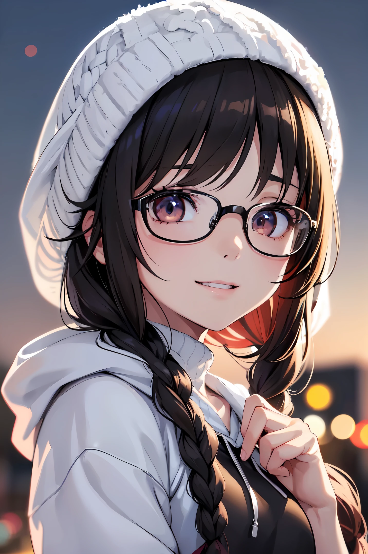 1 young cute girl, glasses, braids, dark brown eyes, smile, shy, from side,  black hair, hoodie, white knit hat, Winter scene, snowy city background, BREAK, (anime:1.5), (Masterpiece, Best Quality: 1.2), (Ultra High Resolution: 1.2), (RAW Photo: 1.2), (Ultra Detailed CG Unified 8k Wallpaper: 1.2), (Beautiful Skin: 1.2), (pale Skin: 1.3), (Beautiful pretty face: 1.3), (super detailed background, detail background: 1.3), (Ultra Realistic Photo), (Hyper Sharp Image), (Hyper Detail Image), (Hyper Sharp Focus: 1.5), (Ultra Sharp Focus: 1.5)