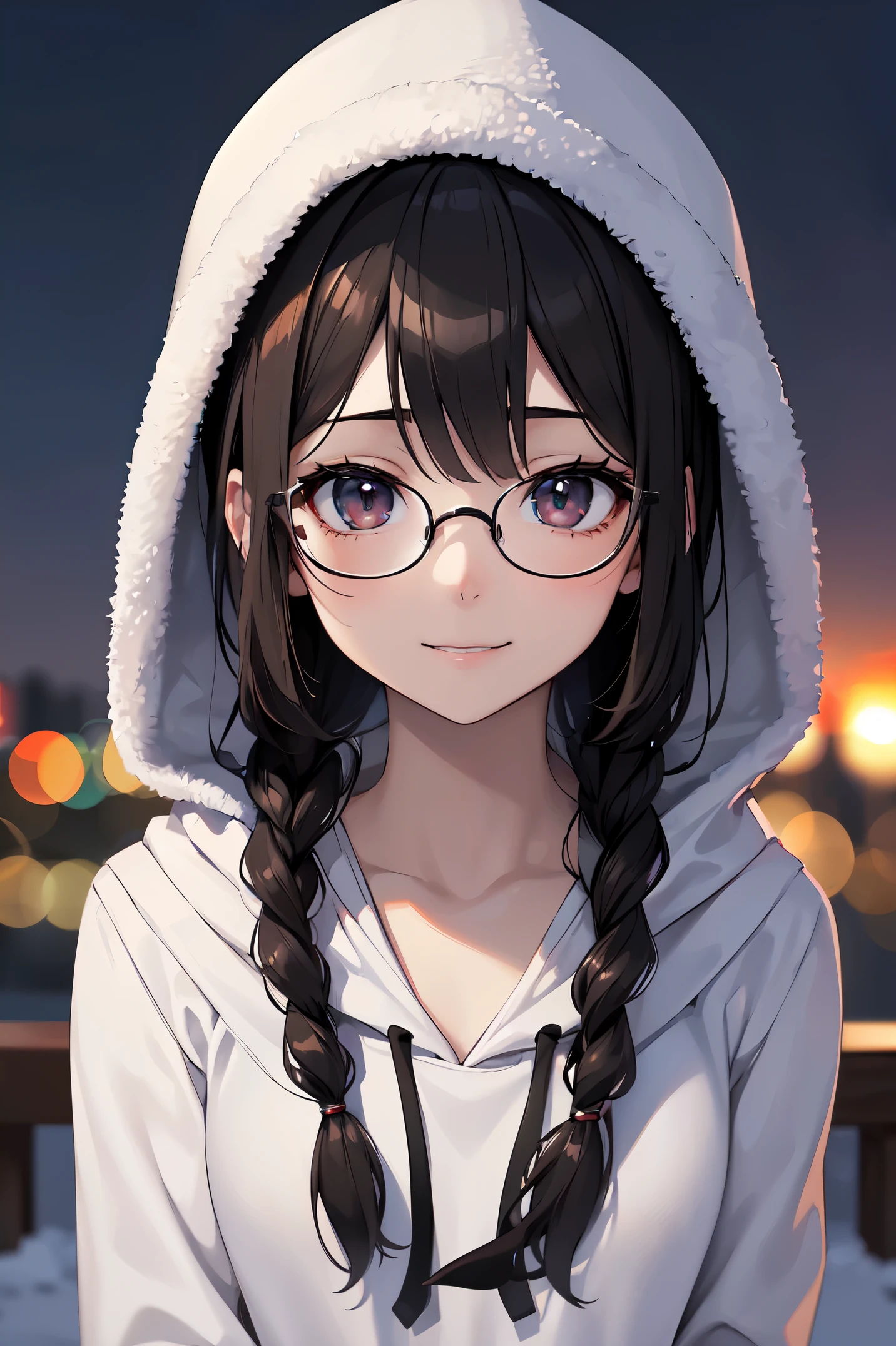 1 young cute girl, glasses, braids, dark brown eyes, smile, shy, black hair, hoodie, white knit hat, Winter scene, snowy city background, BREAK, (anime:1.5), (Masterpiece, Best Quality: 1.2), (Ultra High Resolution: 1.2), (RAW Photo: 1.2), (Ultra Detailed CG Unified 8k Wallpaper: 1.2), (Beautiful Skin: 1.2), (pale Skin: 1.3), (Beautiful pretty face: 1.3), (super detailed background, detail background: 1.3), (Ultra Realistic Photo), (Hyper Sharp Image), (Hyper Detail Image), (Hyper Sharp Focus: 1.5), (Ultra Sharp Focus: 1.5)