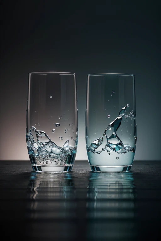 Capture the delicate balance between life and purity at the heart of your imagination. Envision two glasses of water facing each other, each carrying its own story. The first glass, teeming with microscopic life, hosts batteries and microbes engaged in a mysterious dance. The second glass, in striking contrast, is of crystal-clear purity, an oasis of clarity.

Midway through this visual journey, explore the contrasts between the dynamic chaos of microscopic life in the first glass and the immaculate serenity of the second. Let light play on the details of invisible organisms, creating a symphony of shapes and colors in the first glass, while the second glass gleams with transparency, reflecting the tranquil harmony of purity.

Through your creation, convey the captivating duality of these two opposing worlds, evoking both the fragility of life and the timeless beauty of purity. Use your digital or traditional art palette to bring this unique scene to life, capturing the moment where two realities meet, creating a visual dialogue that intrigues and fascinates. May your composition reflect the delicate balance between these two antagonistic forces, thus crafting an artwork that transcends the boundaries of water to tell a compelling story.