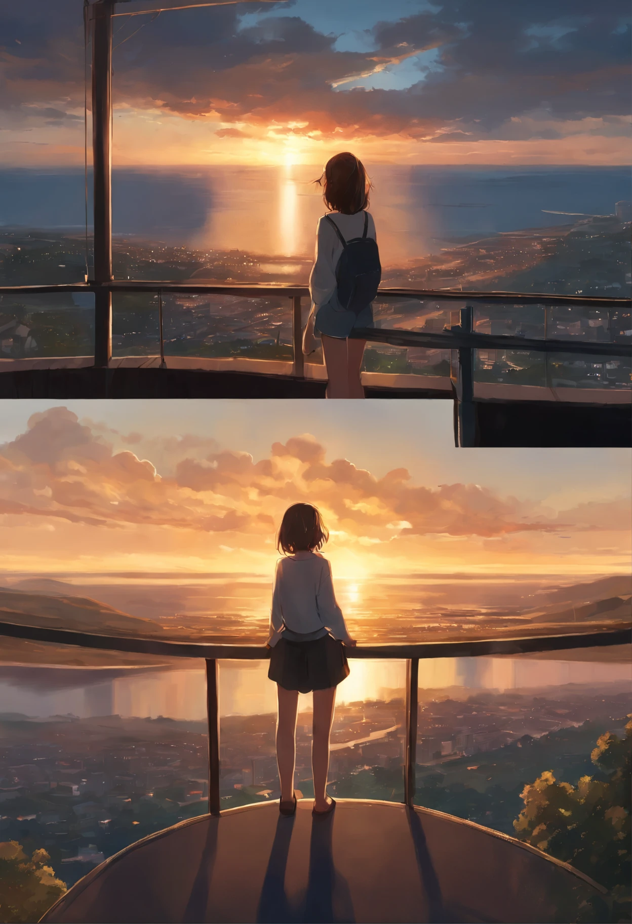 anime couple two girls friends brunette and blonde, standing on a ledge and watching the sunset, clouds and rainbow below, guweiz and makoto sinkai, in style of makoto sinkai, makoto sinkai cyril rolando, sakimichan and makoto sinkai, ross tran and makoto sinkai, ( ( makoto sinkai ) ), style of makoto sinkai