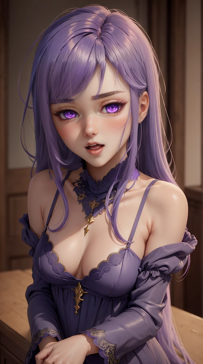 8K, Ultra High Definition, Super detailed, Shiny detailed hair, detailed face, fantasy landscape, solo, looking at viewer, {{best quality}}, {{masterpiece}}, {{ultra-detailed}}, {detailed light}, ultra high quality eyes, detailed eyes, perfect eyes, large eyes, detailed purple eyes, purple hair, long hair, adorned hair, beautiful, skinny body, white skin, slutty, erotic, standing in suggestive, in lingerie, lingerie, blushing, open mouth, ahegao, nsfw