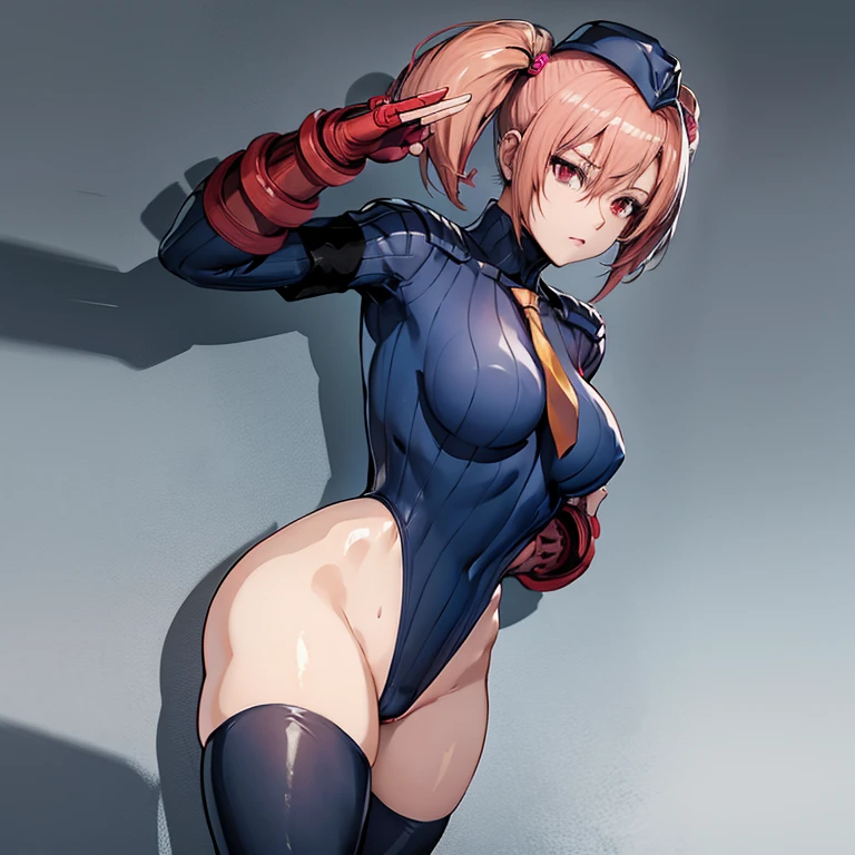 ultra-detailed, Explicit, Beautiful body, Beautiful Nose, Beautiful character design, perfect eyes, perfect face, ultra highres, 4K, beautiful legs, perfect legs, Nice hands, Perfect hand, Masterpiece, Best Quality, Highly detailed, illustration, absurdres, street fighter, doll suit, shadaloo doll, dollsuit, expressionless, blank eyes, looking at viewer, red gloves, emotionless, black latex, corrution, mind control, female combatant, full body, hypnotized, unhappy trance, full body suit, ribbed bodysuit, both arms at side, obey, perfect female body, extremely glossy latex, hypnosis, hypnoLora, empty eyes, Mind control device, poses, submissive_pose, Slave, hat, necktie, stand up straight, standing, standing at attention, hat, necktie, belt, latex, ribbed bodysuit, thighhighs, garter belt, Fighting Stance, extending the right arm from the shoulder into the air with a straightened hand, nazi saluting, military, military saluting, salute, thigh boots, solo, 1girl, Amy sorel, soul calibur, pink hair, medium hair, drill hair, red eyes, Mega twin tails