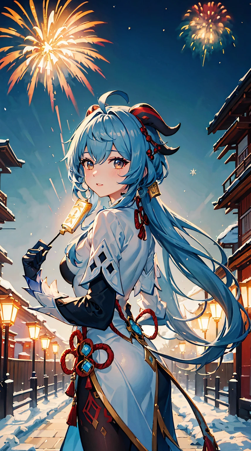 portrait,landscape,painting,illustration,ganyu \(genshin impact\),Winter snowflakes fluttering,festive atmosphere,(grand fireworks display in the night sky),sparkling fireworks,mesmerizing colors,romantic ambiance,amazing architectural design,twinkling stars,(celebration of the new year),overwhelming sense of excitement,magical moment,inspiring and artistic composition. best quality,4k,8k,highres,masterpiece:1.2,ultra-detailed,realistic:1.37,