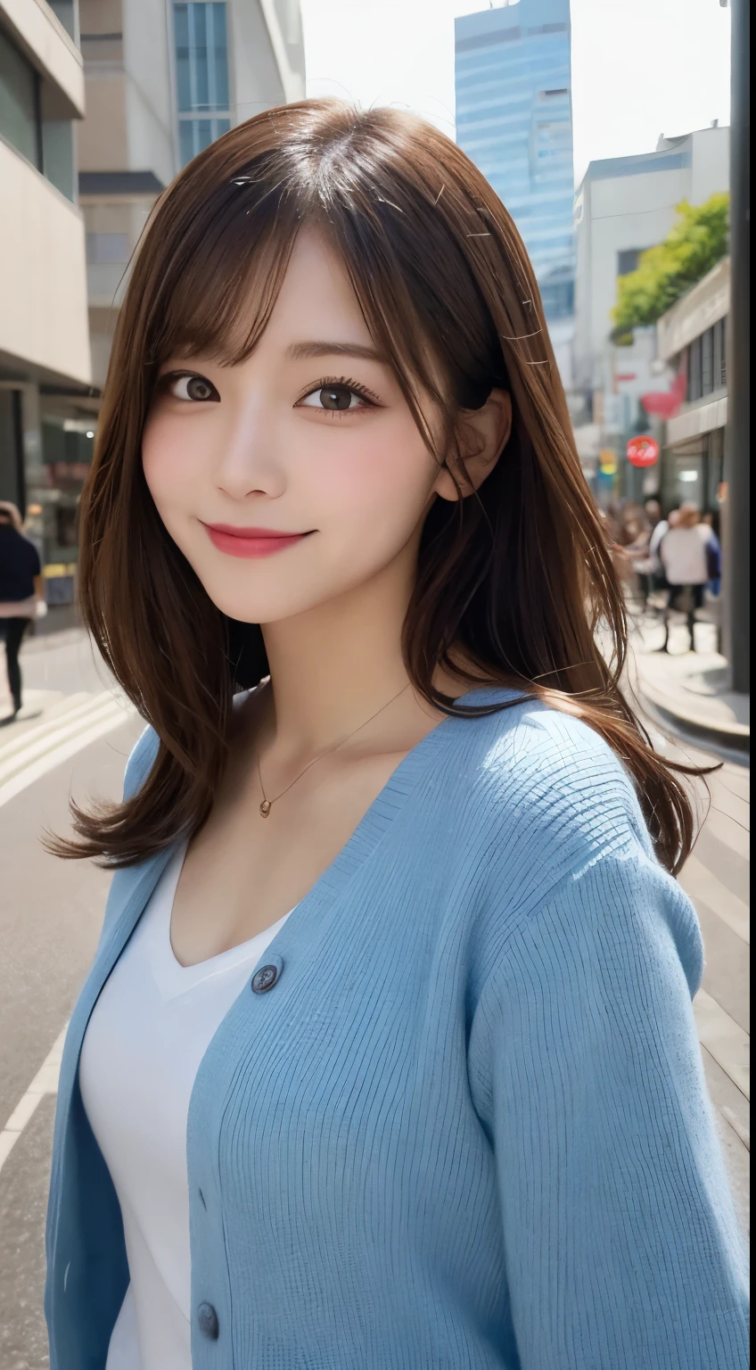 masutepiece, Best Quality, Illustration, Ultra-detailed, finely detail, hight resolution, 8K Wallpaper, Perfect dynamic composition, Beautiful detailed eyes, doress,Medium Hair, mid-chest, Natural Color Lip, Random and sexy poses,Smile,Aoyama Street Walk、20 years girl