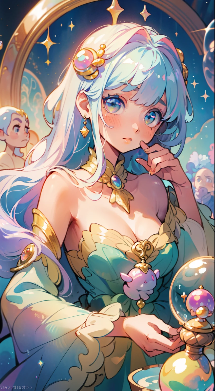 masterpiece, best quality, 8k resolution, sharp focus, intricate detail, beautiful girl, sparkling eyes, golden ratio face, otherworldly liquid, watercolor, pastel colors, bright colors, whimsical, colorful, sharp focus, high resolution, fine detail, princess fantasy flowing ballgown, ((round eyes)), iridescent bubbles, castle landscape in background