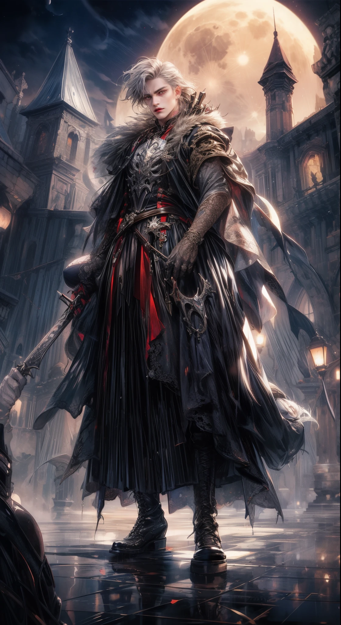 (best quality, ultra-detailed, realistic), gothic, vampire hunter, vampire slayer, intense expression, silver sword, leather boots, full moon, eerie atmosphere, moonlight shining, eerie glow, misty background, dark shadows, haunting beauty, determined pose, midnight hunt, dangerous allure, crimson lips, piercing gaze, mysterious aura.