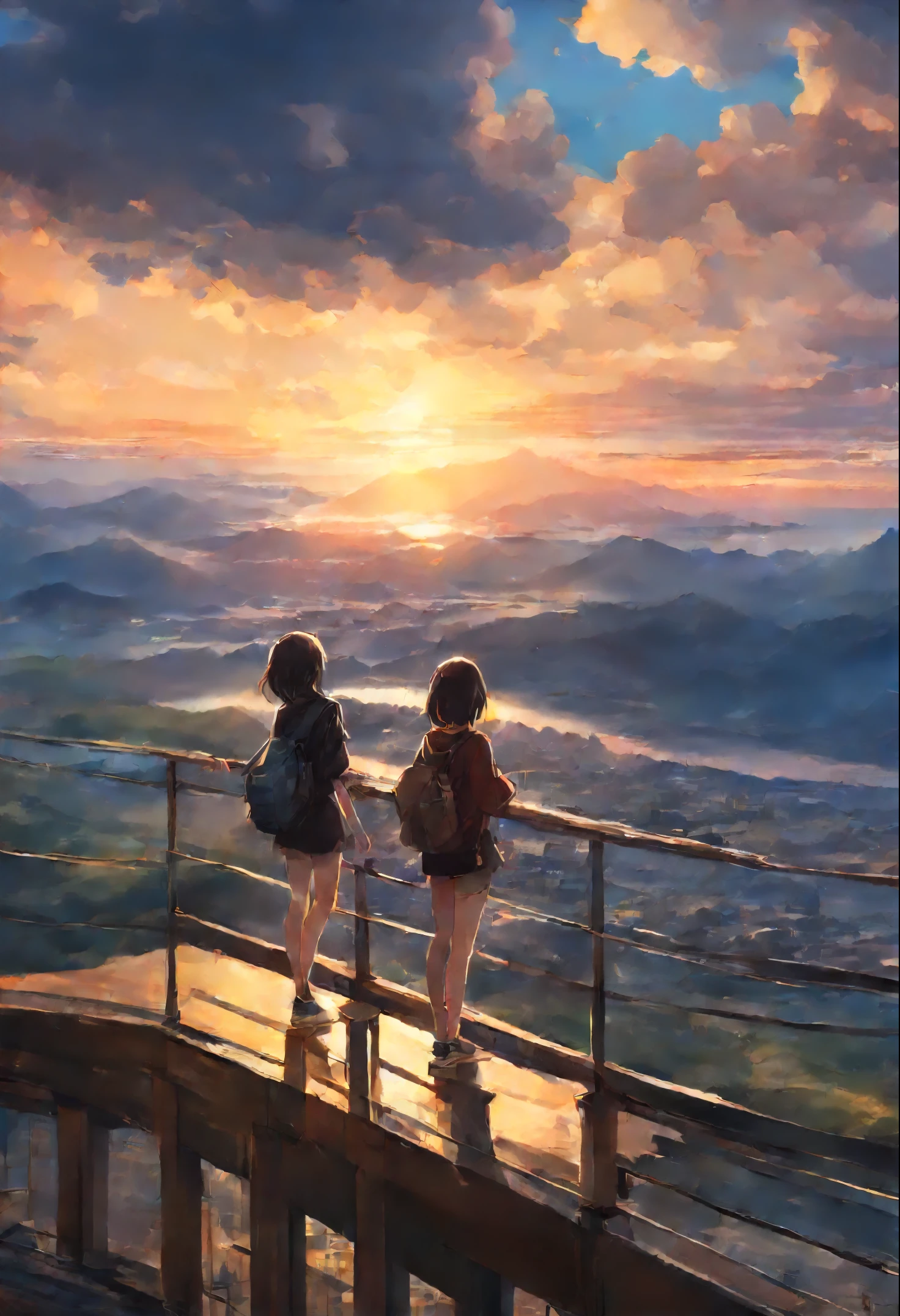 anime couple two girls friends brunette and blonde, standing on a ledge and watching the sunset, clouds and rainbow below, guweiz and makoto sinkai, in style of makoto sinkai, makoto sinkai cyril rolando, sakimichan and makoto sinkai, ross tran and makoto sinkai, ( ( makoto sinkai ) ), style of makoto sinkai