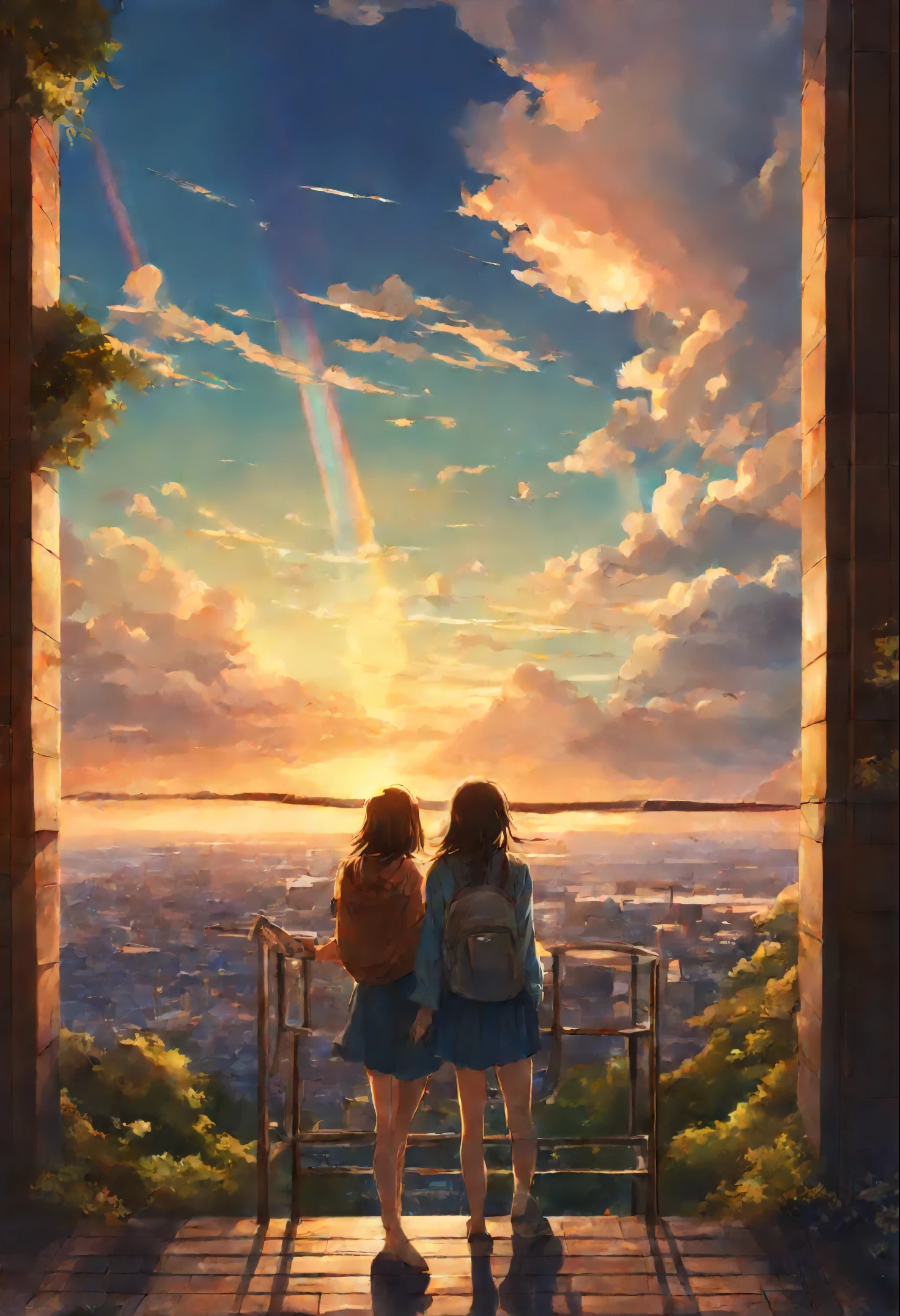anime couple two girls friends brunette and blonde, standing on a ledge and watching the sunset, clouds and rainbow below, guweiz and makoto sinkai, in style of makoto sinkai, makoto sinkai cyril rolando, sakimichan and makoto sinkai, ross tran and makoto sinkai, ( ( makoto sinkai ) ), style of makoto sinkai