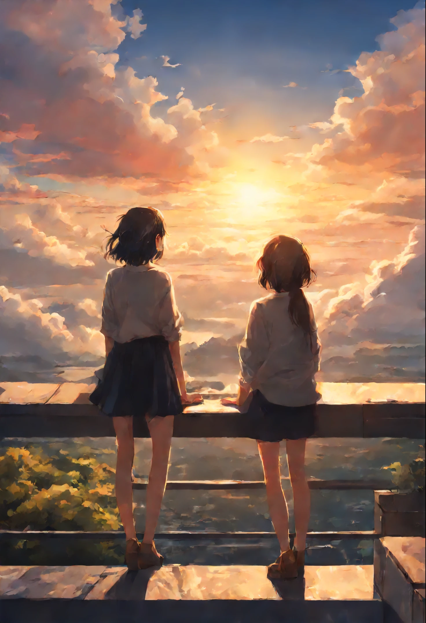 anime couple two girls friends brunette and blonde, standing on a ledge and watching the sunset, clouds and rainbow below, guweiz and makoto sinkai, in style of makoto sinkai, makoto sinkai cyril rolando, sakimichan and makoto sinkai, ross tran and makoto sinkai, ( ( makoto sinkai ) ), style of makoto sinkai