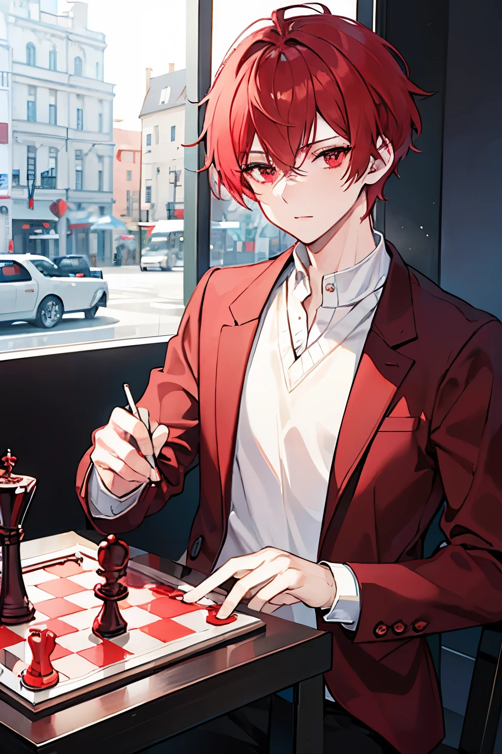 male people red short hair red eyes muffler Sweaters slacks Street Chess Chess盤 masterpiece Top image quality denoise Clear cinematic shadow Increased attractiveness of the eyes Clear the shine of the eyes Draw eyelashes neatly Perfect Eye A detailed eye Sharpen image quality Sharpen eye writing Clear eye shape