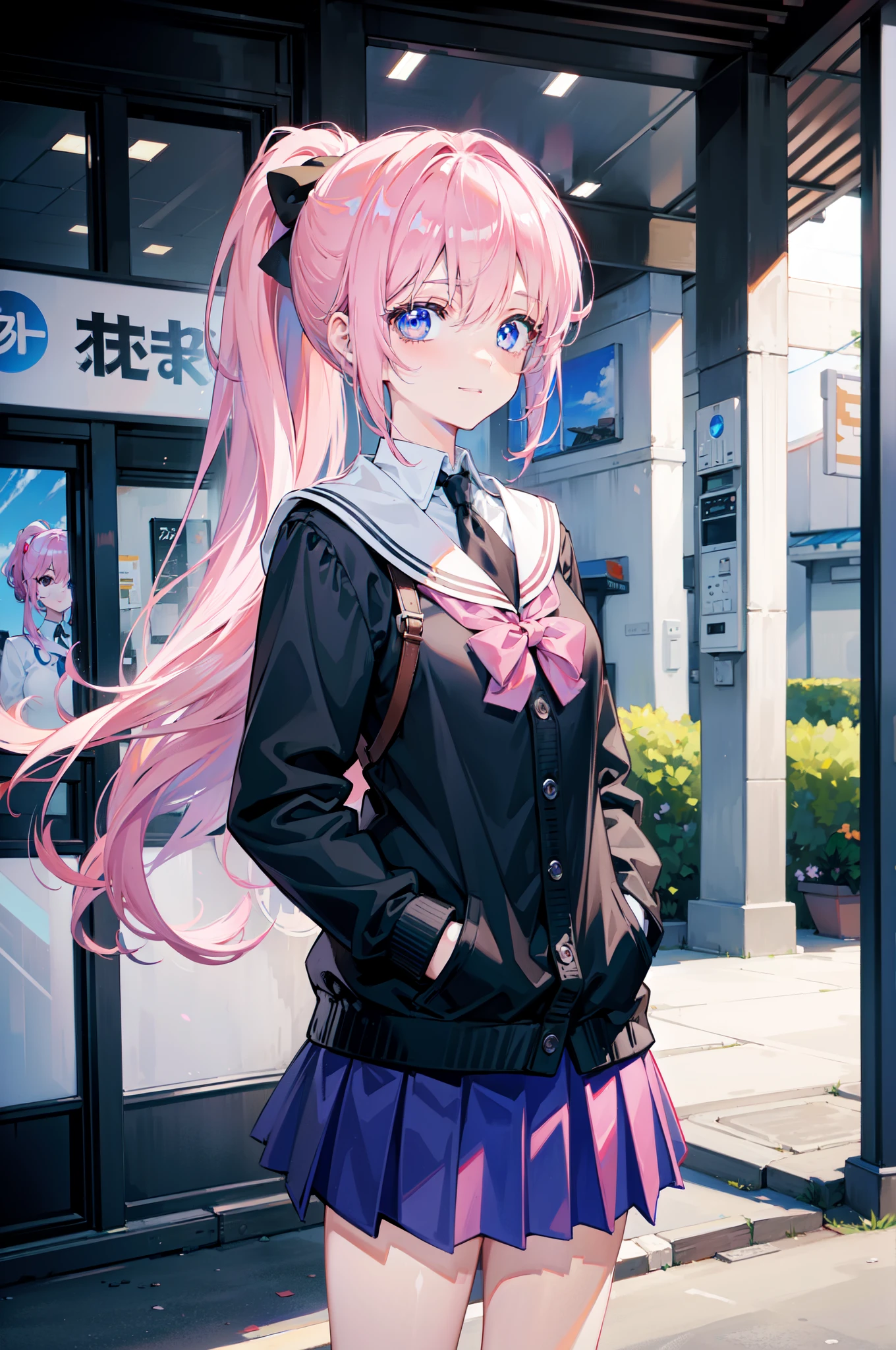 (((masterpiece))), 4k res, highly detailed, (((extremely detailed eyes))), hands on pockets, detailed background, crystal clear eyes, high quality, 1girl, solo, anime girl, best quality, highres, ultra-detailed, beautiful, 8k, sunray, ponytail, pink hair, blue vibrant eyes, black school uniform, blue skirt, stockings, Miyako Shikimori, close up view, smile