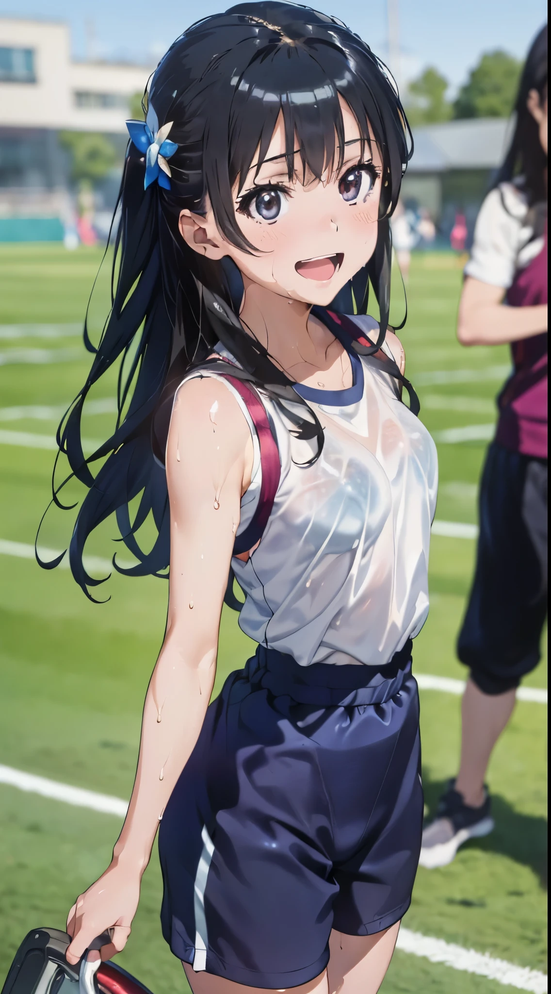 1womanl,Black hair, beautiful breasts,(((Sexy white and blue shiny gym clothes and short cheeks、Smile with open mouth)),(((Satin Narico))),((( portlate))),Crowds,Shiny white gym uniform and blue shorts,Wet with sweat,((athletic field)),see -through,outside of house、Look back and look back,(((Shiny clothing)))