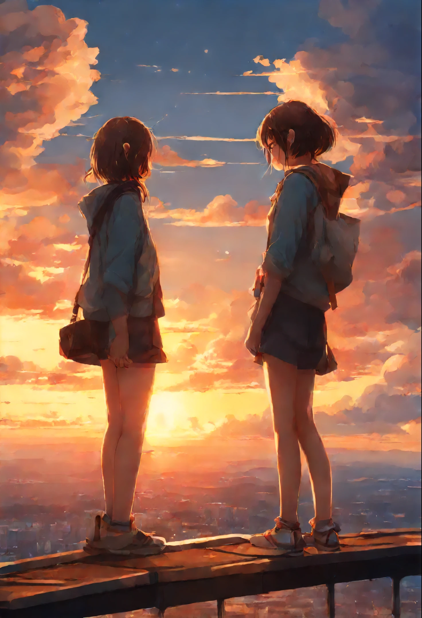 anime couple two girls friends brunette and blonde, standing on a ledge and watching the sunset, clouds and rainbow below, guweiz and makoto sinkai, in style of makoto sinkai, makoto sinkai cyril rolando, sakimichan and makoto sinkai, ross tran and makoto sinkai, ( ( makoto sinkai ) ), style of makoto sinkai