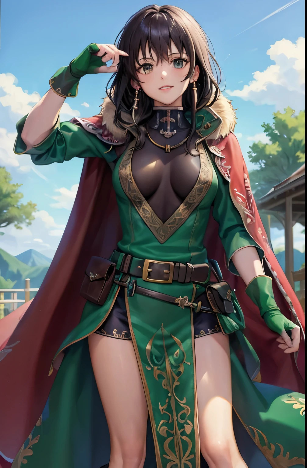 Cowboy shot, Posing as if painting a picture,feet out of frame,asc_mareeta, jewelry, belt, red cape, earrings,looking at viewer, green fingerless gloves, fur trim, gloves, medium breasts, knee boots, belt pouch, pouch, green dress, long sleeves, pelvic curtain, green gloves,outdoors,(masterpiece, best quality, ultra-detailed, best shadow)