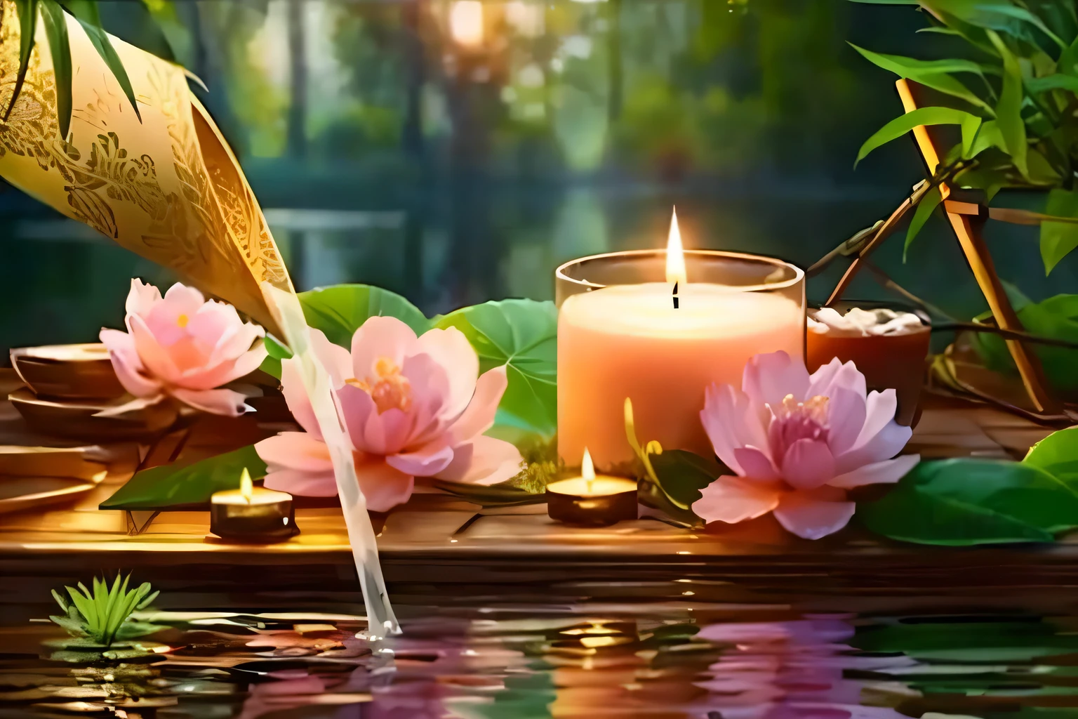 there is a candle and some flowers on a table, peaceful ambience, floating candles, beautiful ambience, very relaxing, relaxing mood, serene environment, serene scene, beautiful ambiance, peaceful atmosphere, romantic ambiance, relaxing, peaceful mood, serene smile, relaxing atmosphere, peaceful environment, very peaceful mood, peaceful scene, paradise garden massage, serene expression, similar to the image
