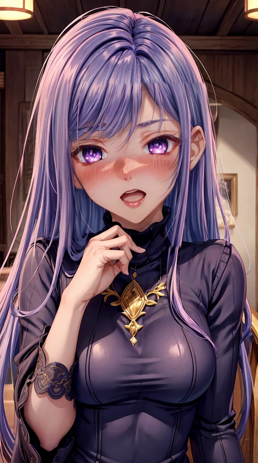 8K, Ultra High Definition, Super detailed, Shiny detailed hair, detailed face, fantasy landscape, solo, looking at viewer, {{best quality}}, {{masterpiece}}, {{ultra-detailed}}, {detailed light}, ultra high quality eyes, detailed eyes, perfect eyes, large eyes, detailed purple eyes, purple hair, long hair, adorned hair, beautiful, skinny body, white skin, slutty, erotic, standing in suggestive, blushing, open mouth, ahegao, nsfw