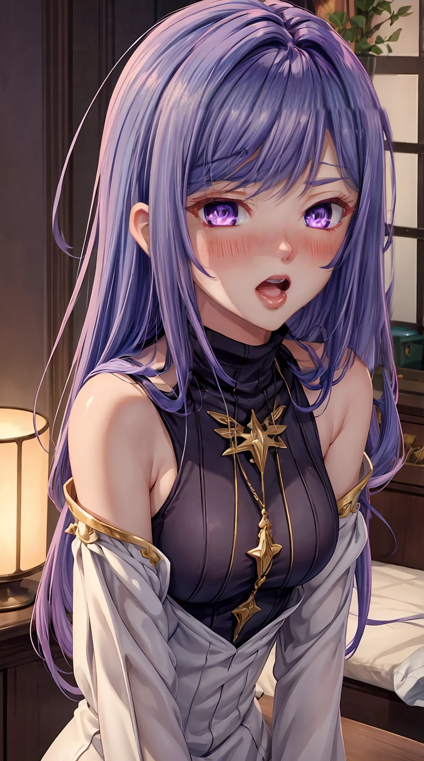 8K, Ultra High Definition, Super detailed, Shiny detailed hair, detailed face, fantasy landscape, solo, looking at viewer, {{best quality}}, {{masterpiece}}, {{ultra-detailed}}, {detailed light}, ultra high quality eyes, detailed eyes, perfect eyes, large eyes, detailed purple eyes, purple hair, long hair, adorned hair, beautiful, skinny body, white skin, slutty, erotic, standing in suggestive, blushing, open mouth, ahegao, nsfw