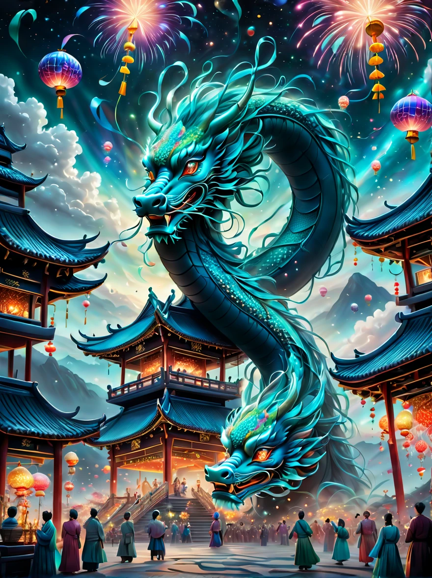 ((Best quality at best, 8K, A high resolution, tmasterpiece:1.2), ultra - detailed, (actual, realistically:1.37), vivd colour, magical ambiance, Whimsical，((Vector illustration style)), Beautiful town celebrates New Year&#39;s Day New Year&#39;s countdown，((Year of the Dragon 2024:1.5))，Colorful lanterns and decorations，children playing and dancing，Huge countdown clock with gorgeous patternireworks in the night sky，Performer juggling ribbons，Colorful lanterns and decorations，Performer juggling colorful ribbons，Gorgeous temple，Incense，offering offerings，People make wishes and pray，Calm lake lit with candleeautiful reflection of fireworks and lanterns，a joyful atmosphere, hyper realisitc的, Psychedelic, Complicated details, Beautiful texture, Ethereal, like a dream, Soft glowing light, Charming Patterns, fantastical creature, Hidden surprises, dreamlike landscapes, hyper realisitc的 color palette, Mystic aura, hyper realisitc, Enchanting journey, psychedelic trip, vivid imagination, immersive experience, mysterious new year, otherworldly charm, glowing paths, Light up a magical New Year&#39;s Day, hyper realisitc的天空, Whimsical themed festivals, a magical encounter, Fascinating artwork, Elegantly silhouetted against a celestial backdrop of epic trance waves, The moonlight is ethereal and vibrant, fantasy broken glass shades, Draw multiple strong exposure effects, matte painting photo painting, Stunningly superior clarity and unparalleled clarity, Stunning details that look almost unrealistic, Stunning details that are extremely captivating, Stroking technique，exquisitedetails，Very unreal, Amazing brushstroke skills, exquisitedetails are unrealistic, Gel ink craft dark teal multicolor, Crazy beautiful light, Add eye-catching high-contrast scenes, Overall stunning and beautiful, The entire process was very accurate and detailed, (中世纪忍者风格的水粉tmasterpiece:1.1), Crazy glowing hair, (Mysterious sci-fi paint:1.1),