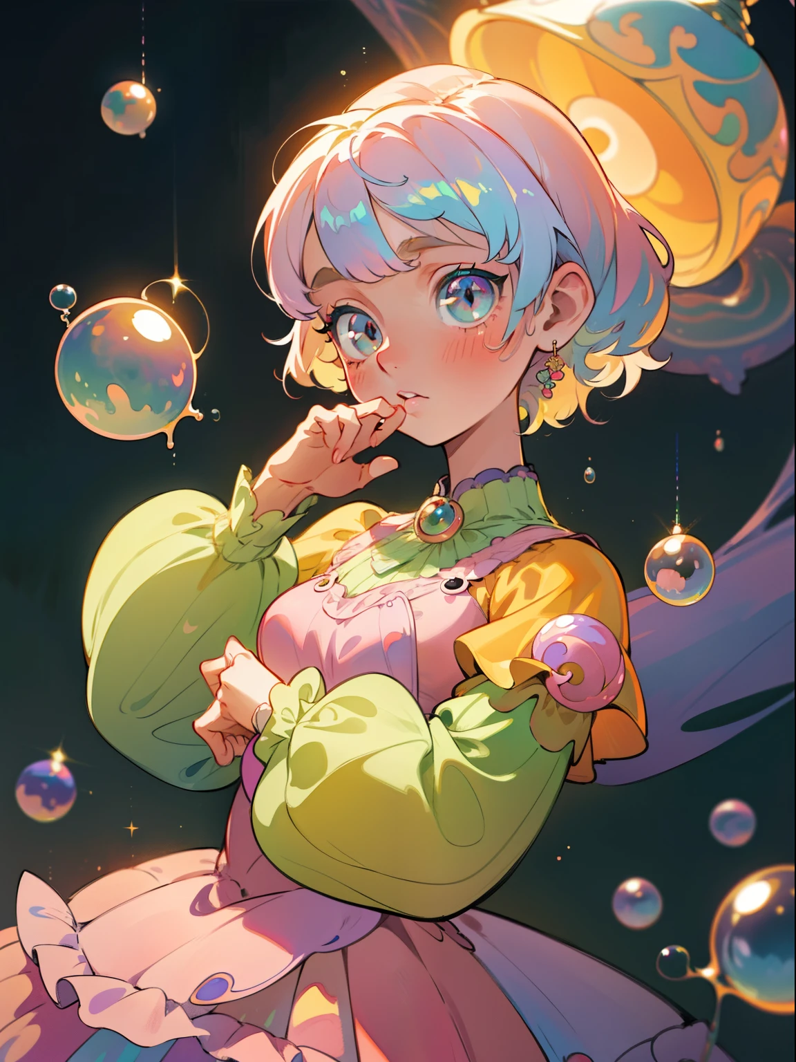 masterpiece, best quality, 8k resolution, sharp focus, intricate detail, beautiful girl, sparkling eyes, golden ratio face, otherworldly liquid, watercolor, pastel colors, bright colors, whimsical, colorful, sharp focus, high resolution, fine detail, ((layered tiered puffy long sleeves ballgown)), ((round eyes)), iridescent bubbles, fantasia background