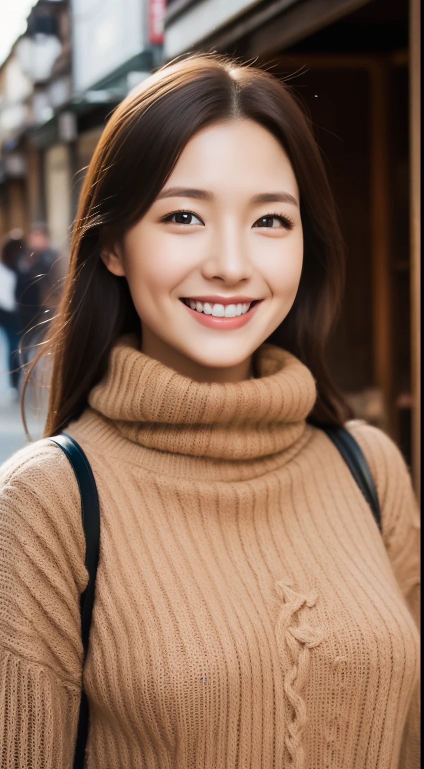 The face of a hostess、turtleneck wool sweater、hiquality、A hyper-realistic、healthy、Smiling expression、Slender perfect figure、Japan Beauty、 perfect  eyes、Beautiful skin、The upper part of the body、The city of Kyoto
