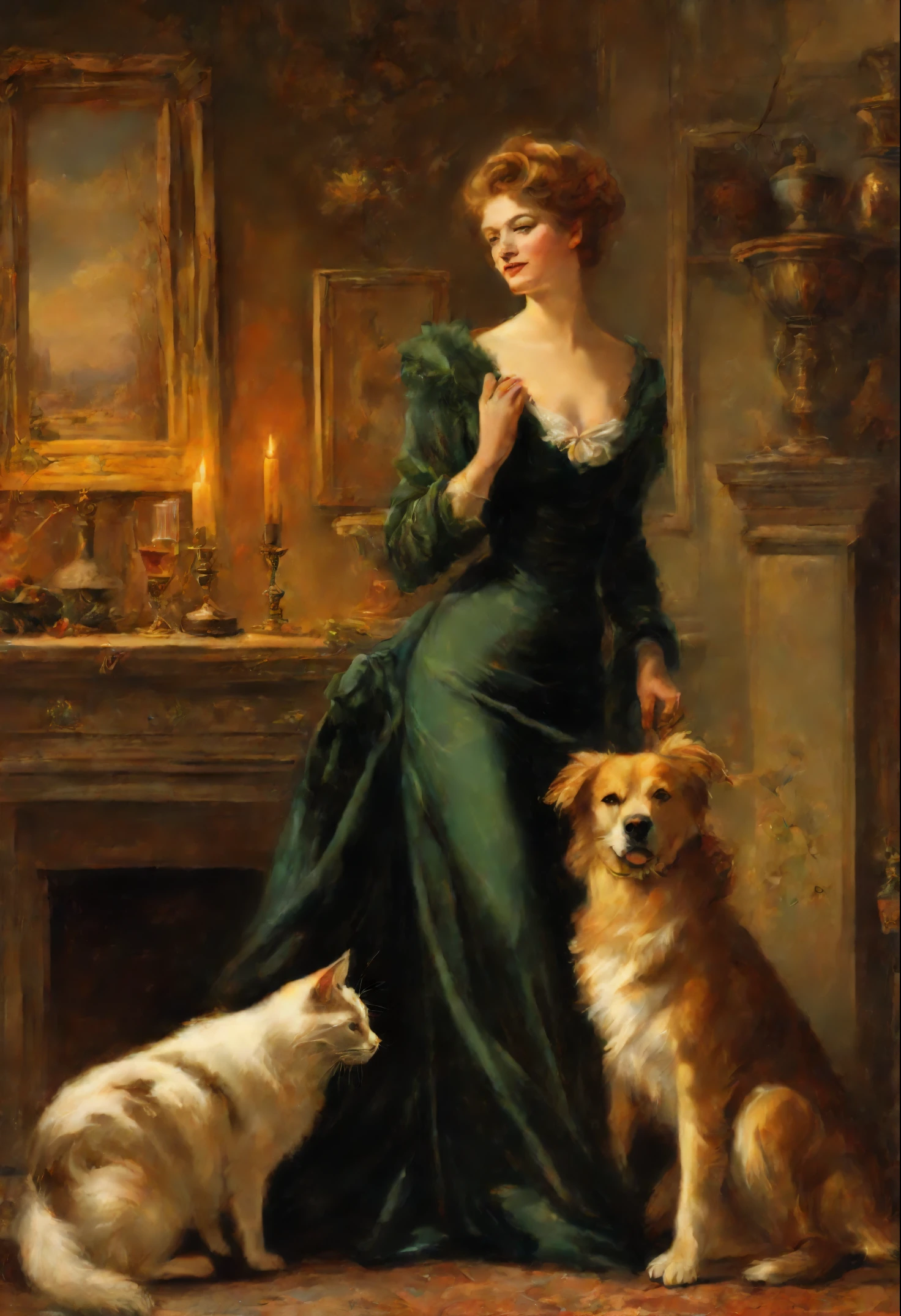 Picture of a woman in a fur coat dress on the street, in an evening dress with two dogs and a cat., by delphin anjolras, by delphin anjolras, in front of the fireplace, Antonio Kisseri, Daniel F. Gerhartz, Ferdinand Knab, Harrington Mann, Laszlo Balog, Vladimir Novak, romance novel cover